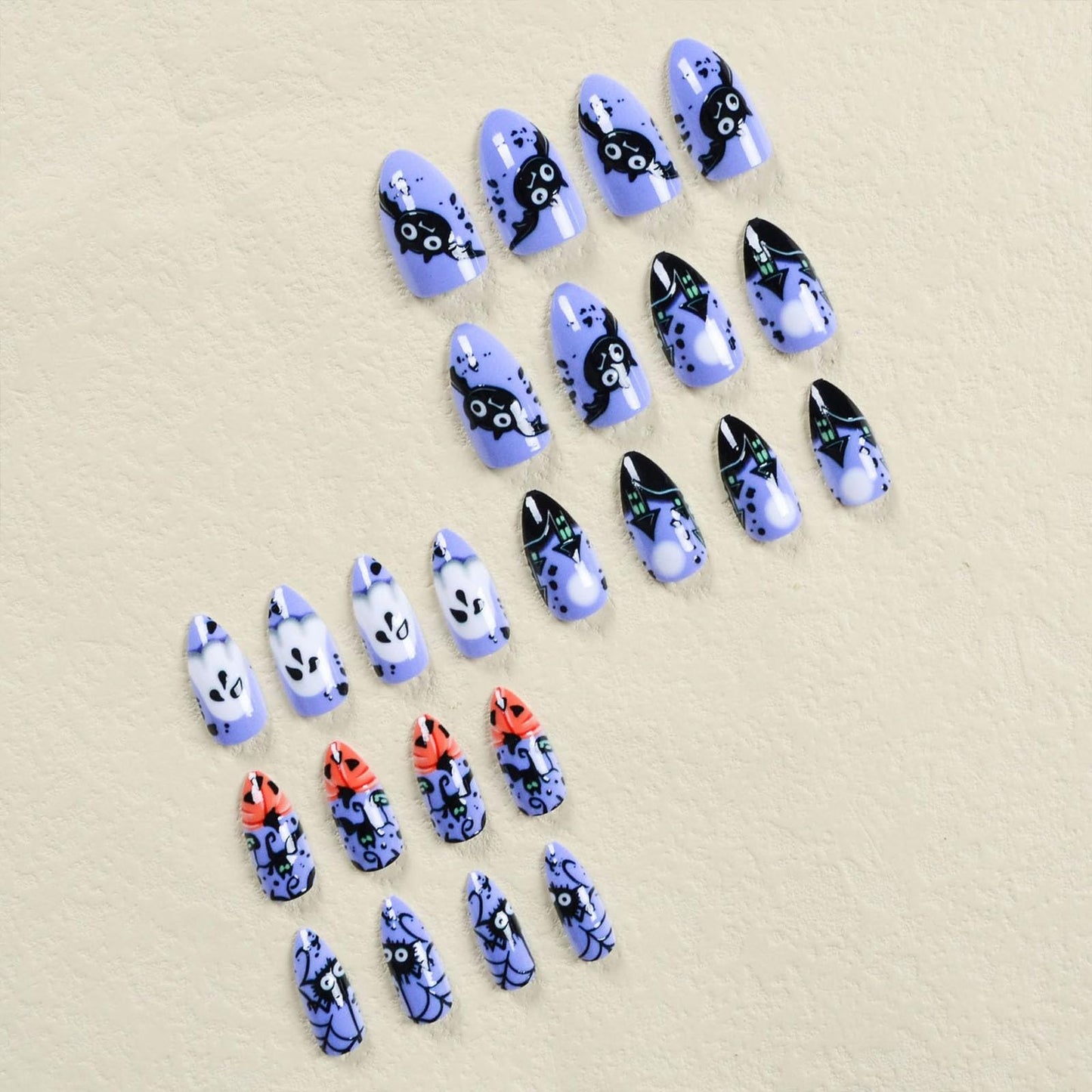 Halloween Press on Nails Medium Almond Fake Nails Purple Glue on Nails Cute Bat and Ghost Pattern Design Full Cover Stick on Nails Glossy Acrylic Halloween Nails Press ons for Women Girls 24 Pcs