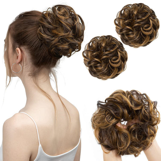 SARLA 2PCS Messy Hair Bun Hair Pieces Wavy Curly Synthetic Updo Fake Scrunchies Ponytail Extension for Women Dark Brown/Beach Blonde Highlight