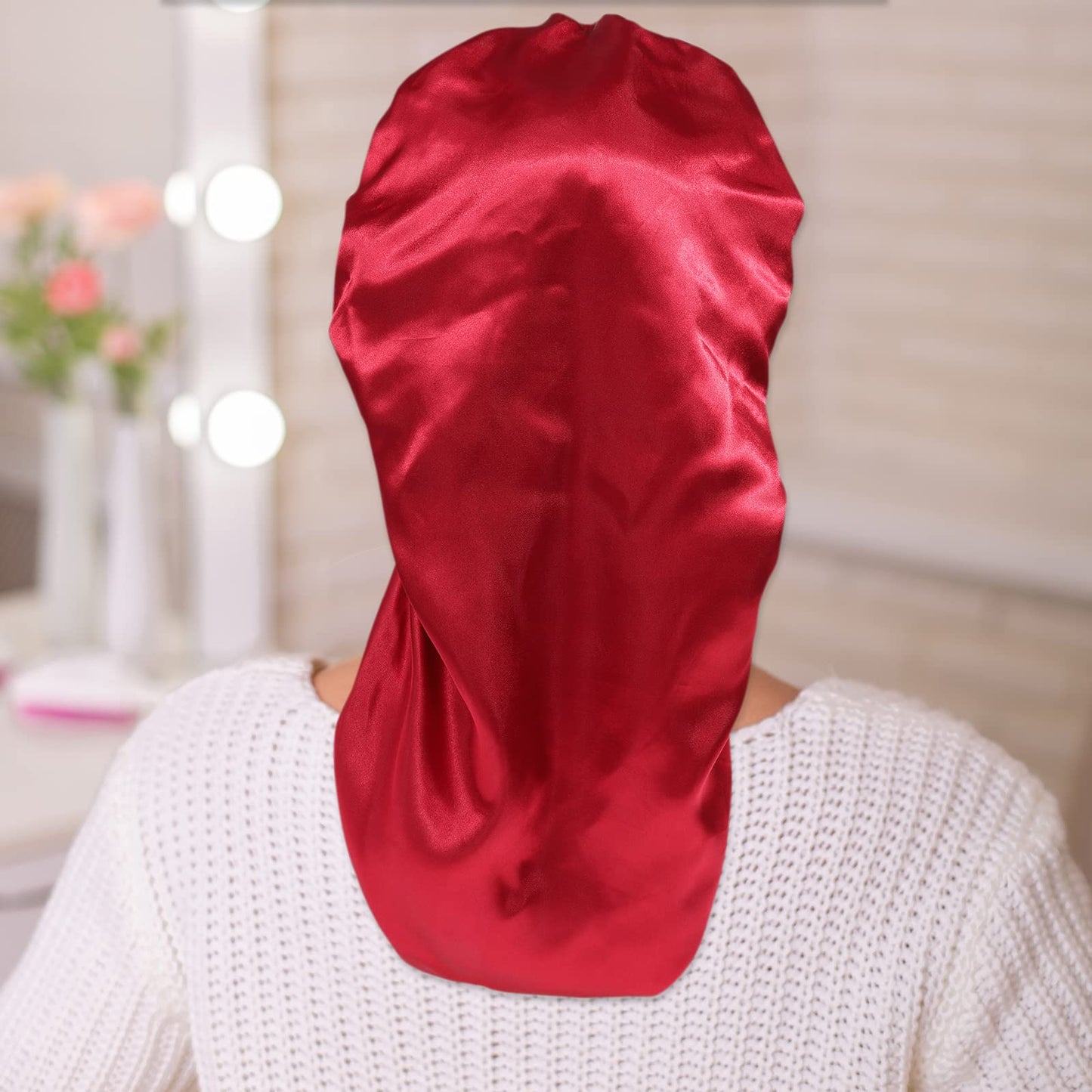 AWAYTR Long Satin Bonnet for Women - Double Layer Elastic Silk Bonnet for Braids Hair Sleeping Cap with Tie Band (Wine Red)