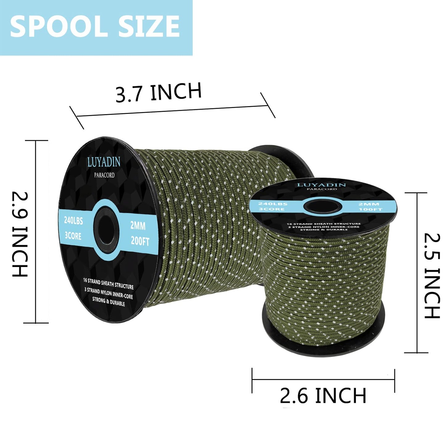 LUYADIN Reflective Paracord 240lb - Diameter 2mm Micro Utility Cord -3 Strand Parachute Spool Cord - 100ft 200ft,Paracord for Camping,Hiking,Fishing,Outdoor and DIY