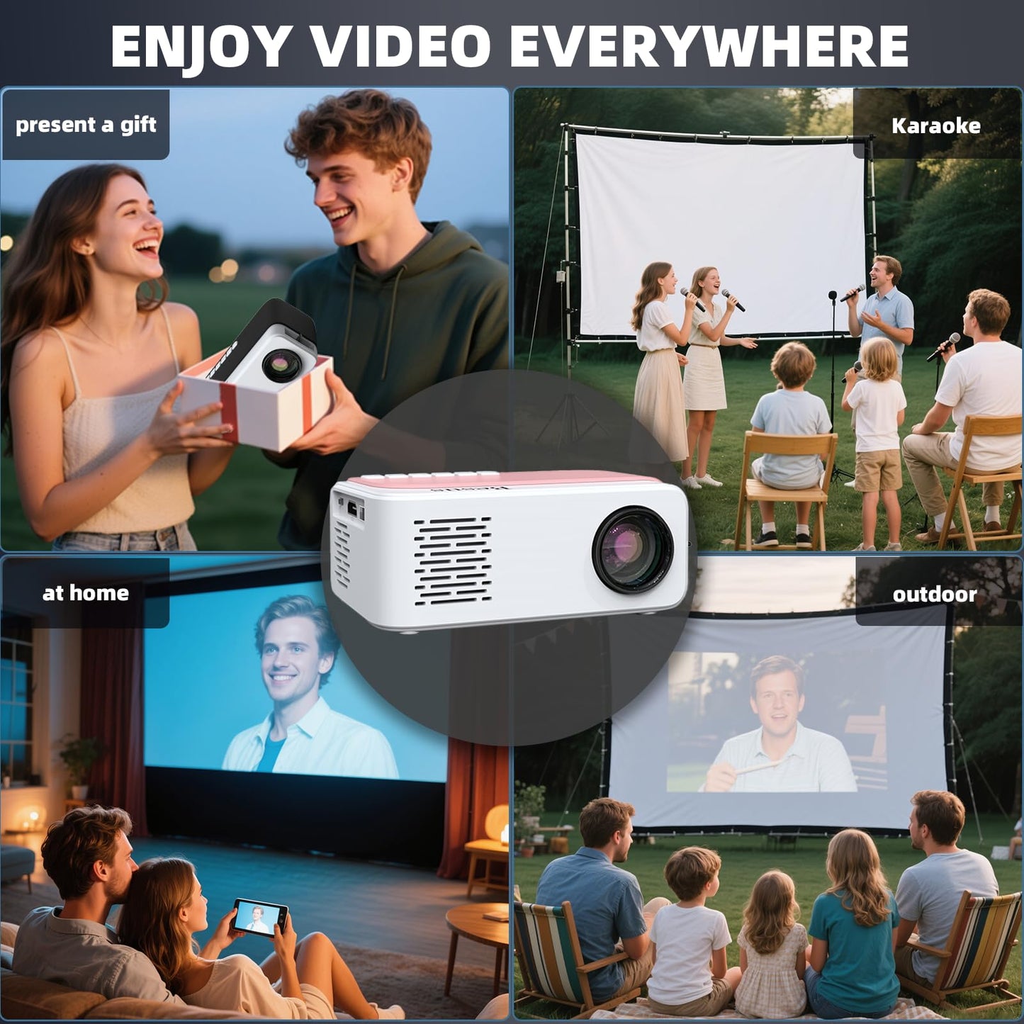 Mini Projector, HD 1080P WiFi Video Projector, Portable Outdoor Projector with Tripod, Gift for Kids, Home Theater Movie Phone Projector Compatible with USB, AV, Smartphone/Tablet/Laptop (pink)