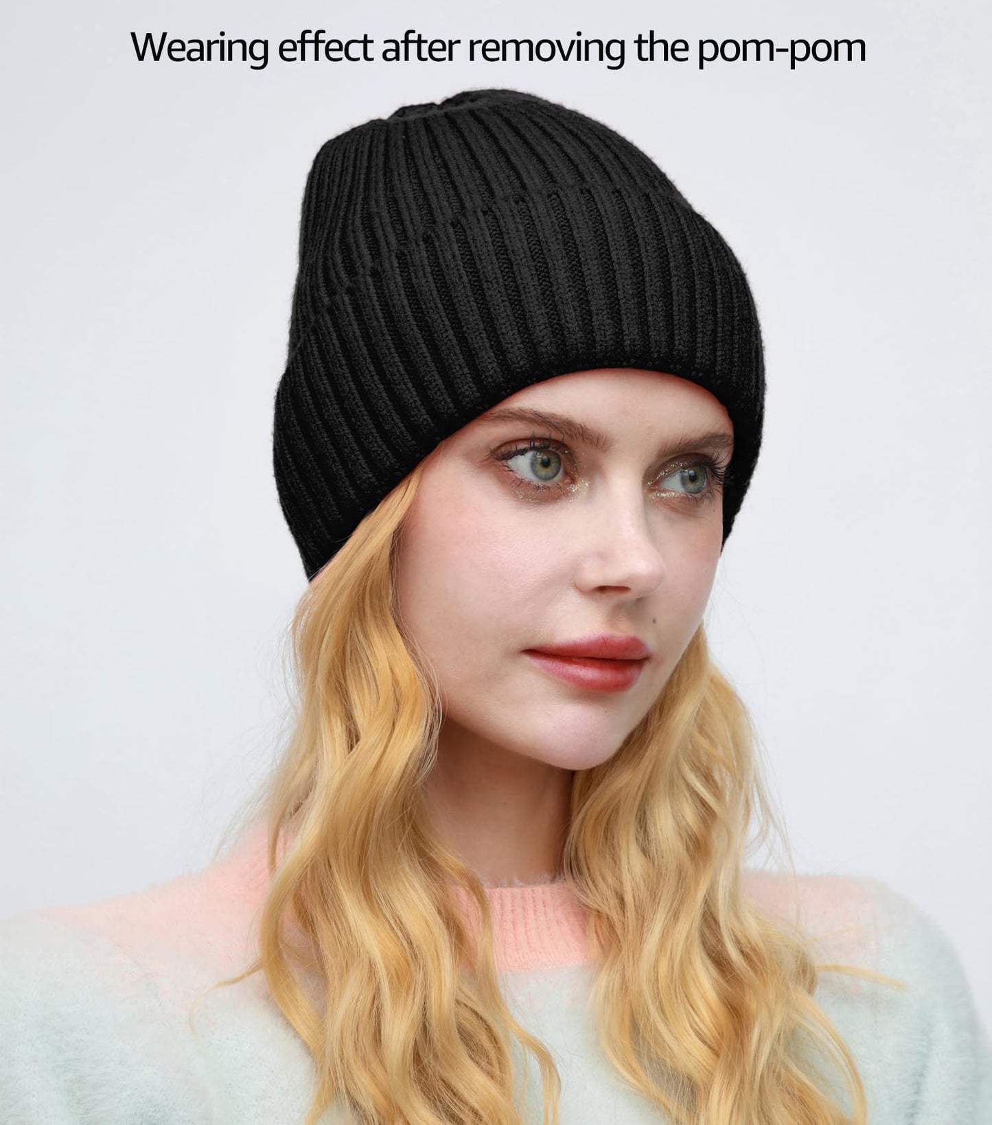 PHILIGHTS 2PCS Womens Beanie with Faux Fur Pom Pom, Wool & Satin Lined Winter hat,Warm Knit Ski Hats Cuffed Skull Cap