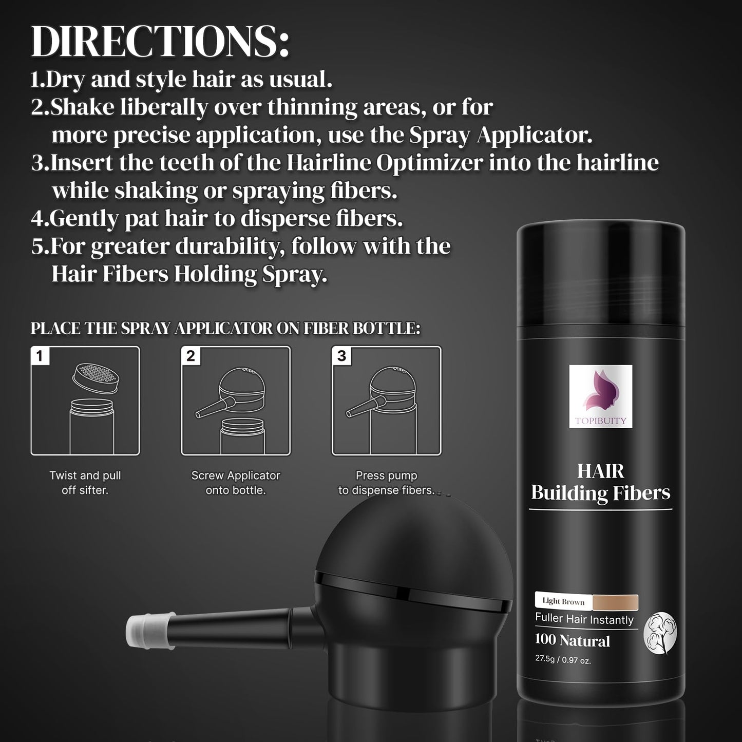 TOPIBUITY Hair Fibers & Applicator 3-in-1 Set - Natural Concealing Hair Thickening Fibers - Long-Lasting Spray with Accessory for Crisp Hairlines, Thicker Beard & Styling (light brown)