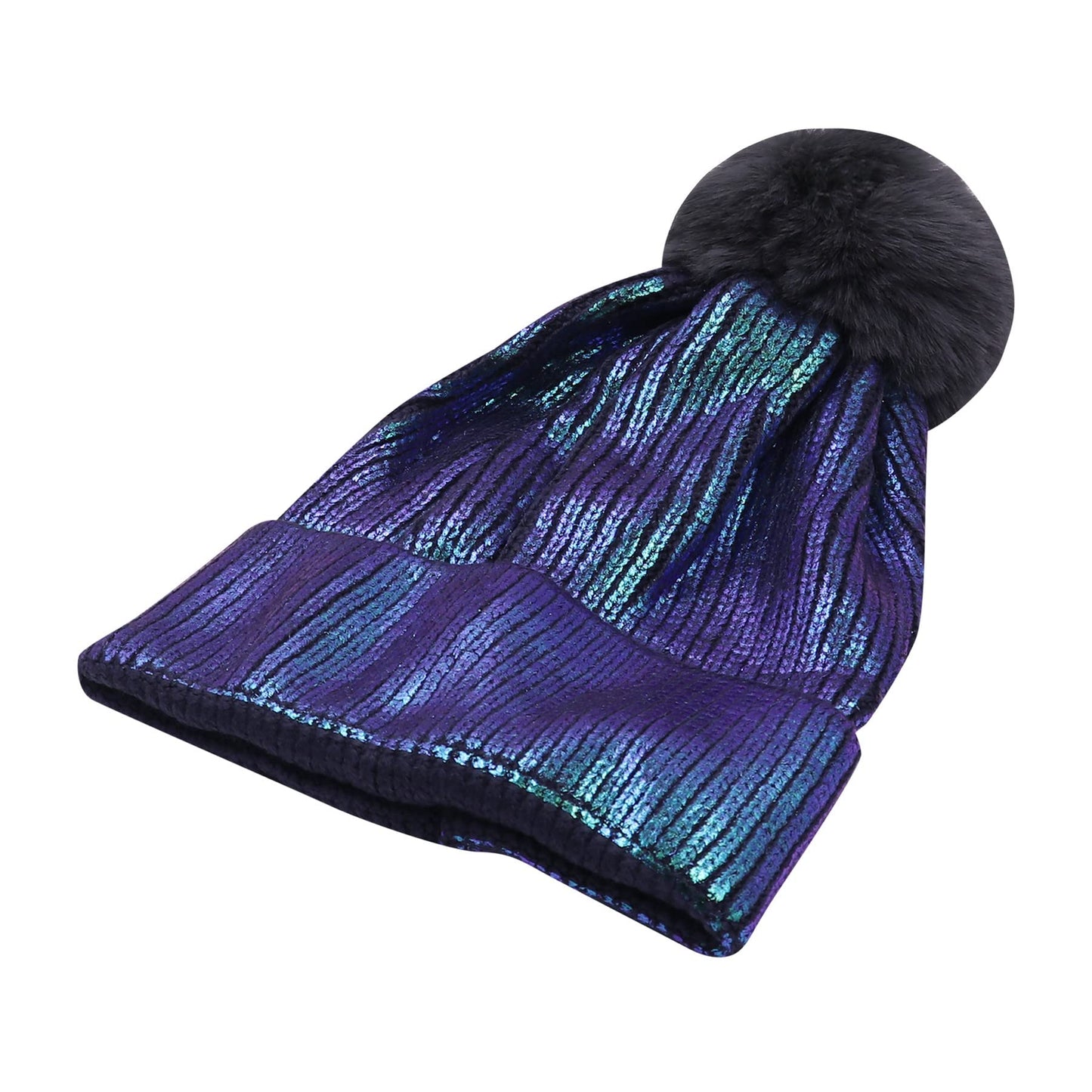JUMIEE Women Girls Metallic Knitted Winter Beanie Hat Slouchy Faux Fur Pom Pom Skull Cap