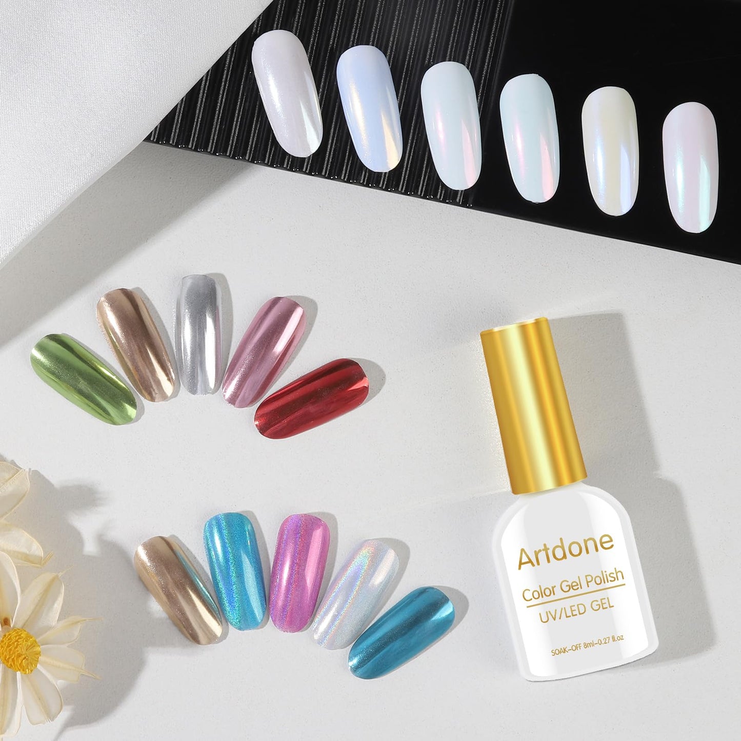 Artdone 16Jars Chrome Nail Powder Magic White Pearl Kit Mirror Effect Silver Metallic Holographic Dip Nail Powder For Resin Craft & Nail Art Fimo, Decoration Iridescent Aurora Mermaid Pigment
