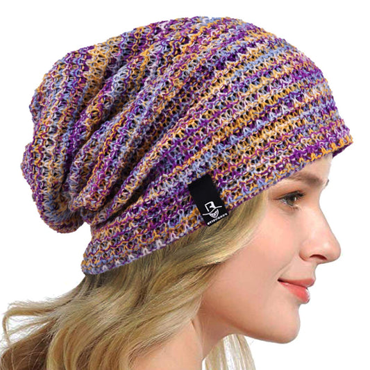HISSHE Women's Slouchy Beanie Knit Beret Skull Cap Baggy Winter Summer Hat B08w (Purple/Yellow/White)