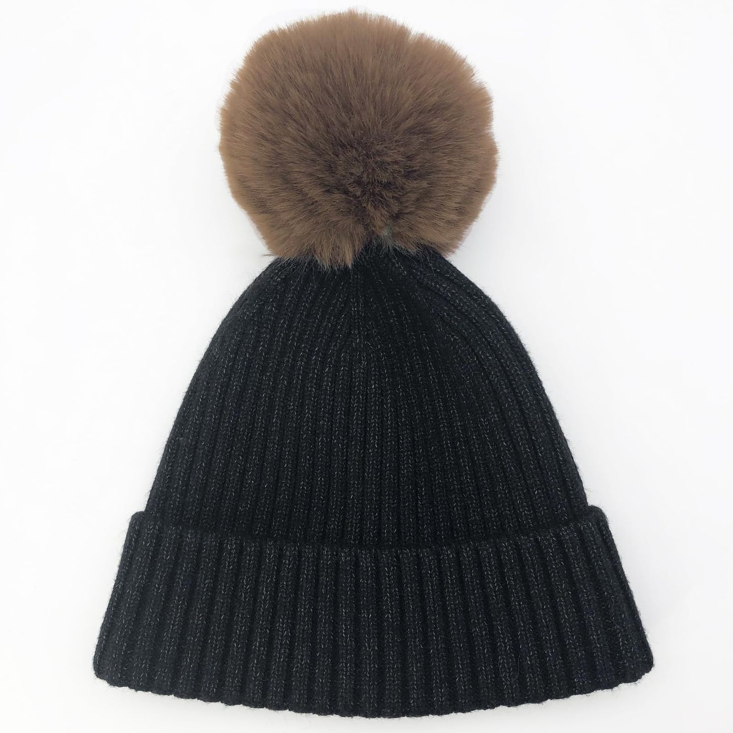 PHILIGHTS 2PCS Womens Beanie with Faux Fur Pom Pom, Wool & Satin Lined Winter hat,Warm Knit Ski Hats Cuffed Skull Cap