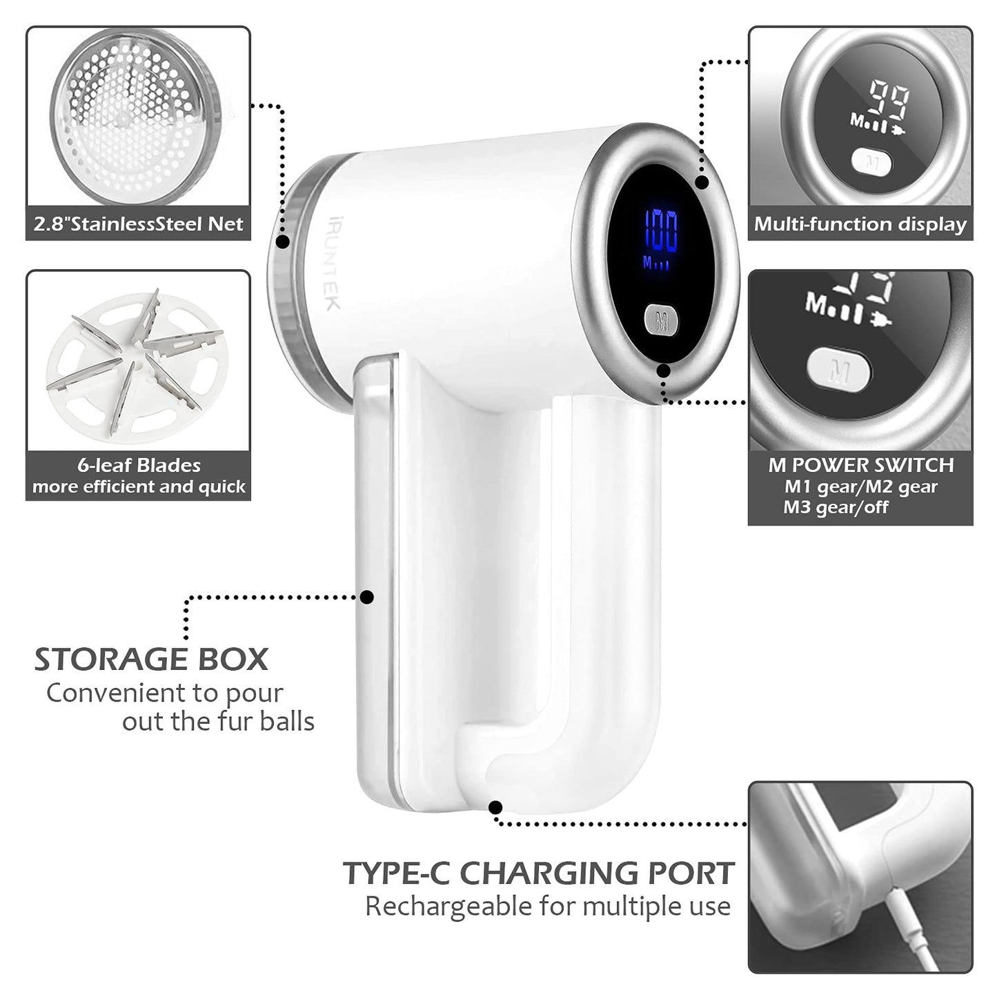 iRUNTEK Rechargeable Fabric Shaver, Electric Commercial Lint Remover with LED Display & Big Trash Box, 3-Speeds for Removing Fuzz and Pill from Clothes, Furniture, Sweater, Couch and Blanket, Silver