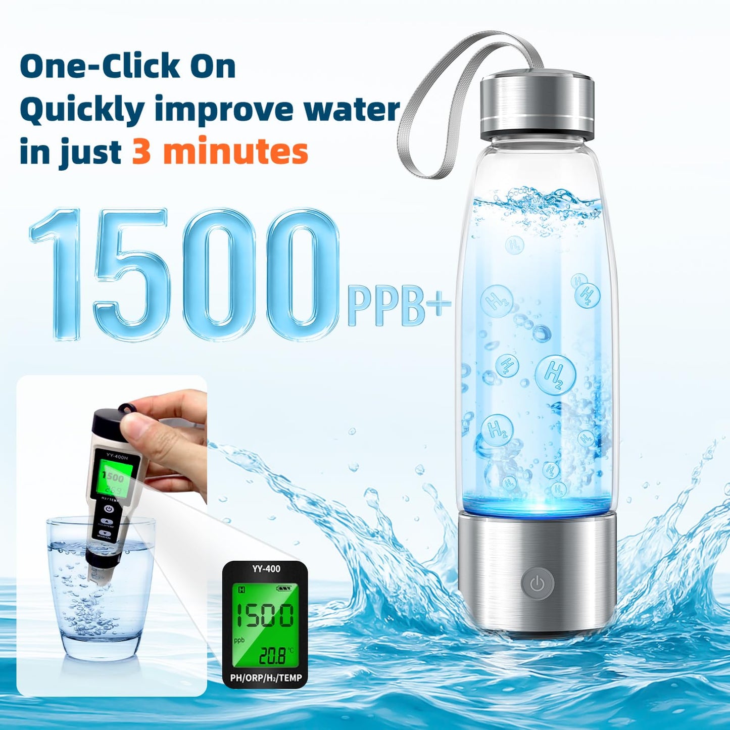 Yuloigan Hydrogen Water Bottle - SPE PEM Tech - 3Min 1500PPB Rapid Hydrogen Generator - 14oz Portable Glass Water Bottle - Long-Lasting H2 Retention - Health Gift for Husband, Wife, Friends, Travel