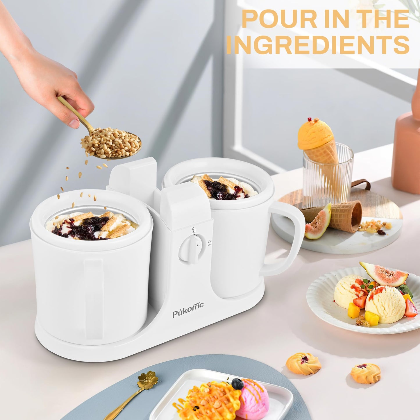 Pukomc Ice Cream Maker Machine for Home Use, with Two Ice Cream Bowls,Simple Operation and Easy to Clean,White