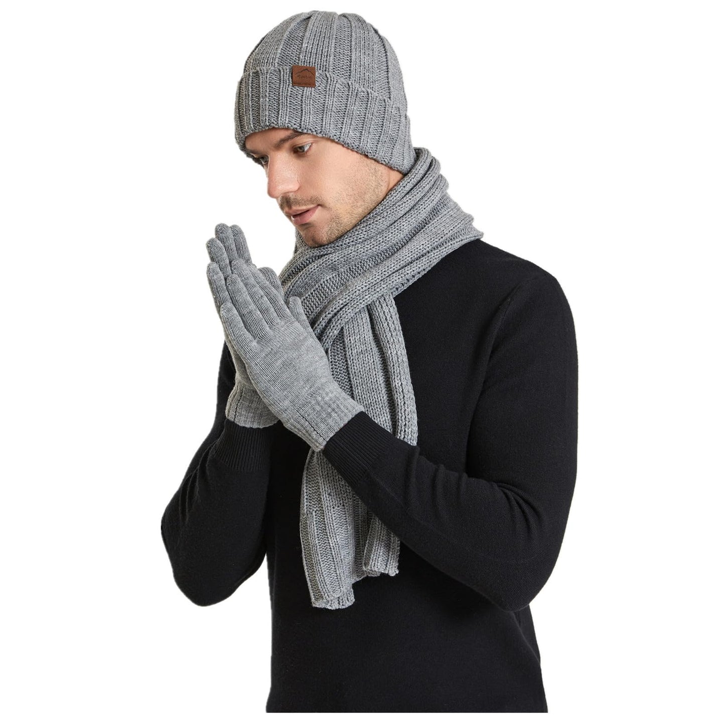 Yvechus 3 in 1 Winter Beanie Hat Scarf and Gloves Set Warm Knit Hat Thick Fleece Lined for Men Women (C style-Light Grey)