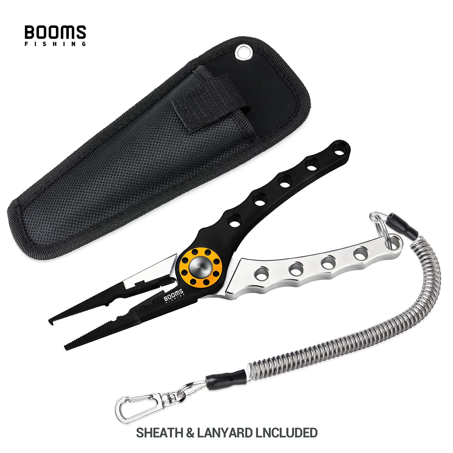 Booms Fishing X1 Fishing Pliers Aluminum, Surf Fishing Saltwater, with Coiled Lanyard and Sheath, Black