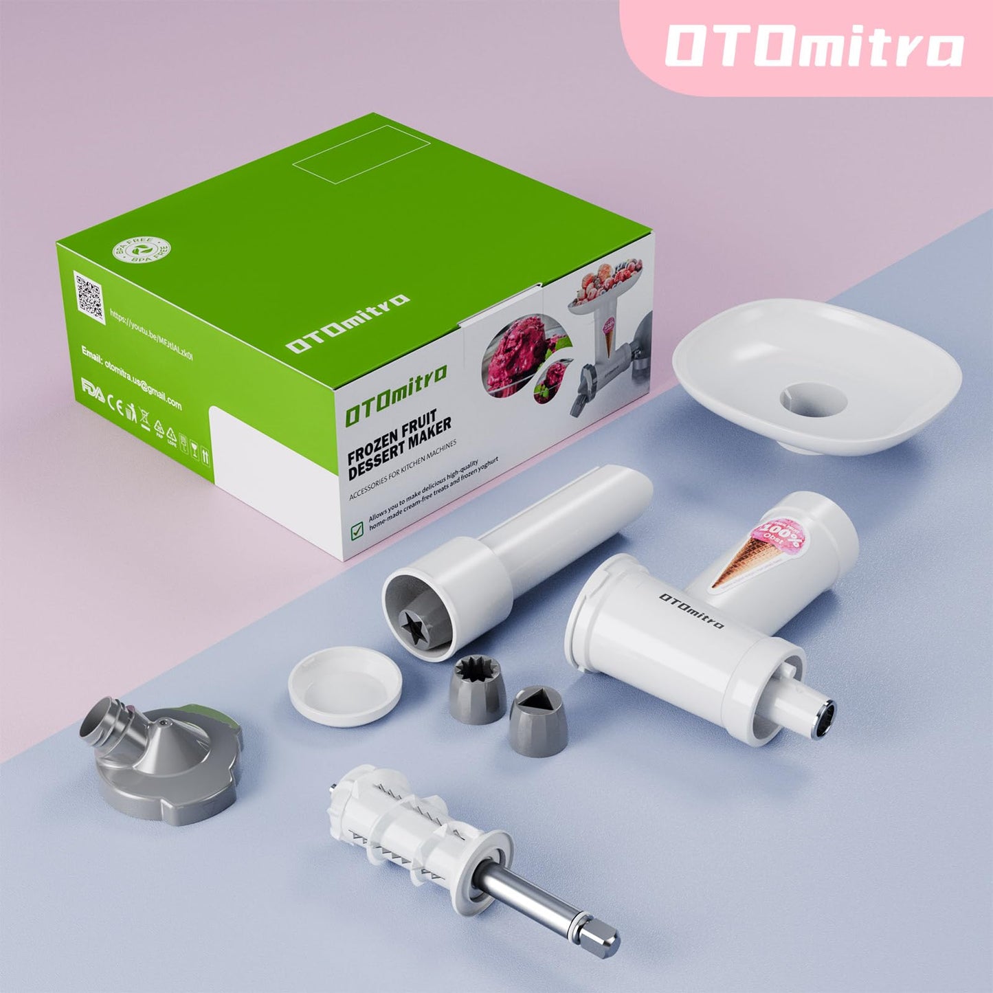OTOmitra Natural Ice Cream Maker Attachment for Kitchen aid Stand Mixer, Frozen Dessert Maker, Fruit Sorbet Machine, Dairy-Free Frozen Fruit Soft Serve Maker, Natural Ice Cream Desserts Attachment