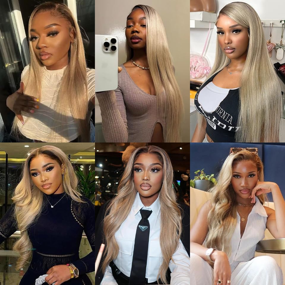Ash Blonde Wig Human Hair 13x4 Transparent Lace Front Wigs Human Hair 200% Density Ash Blonde Straight Lace Front Wigs for Black Women Pre Plucked Dark Brown Roots Platinum HD Lace Frontal Wig 26 Inch