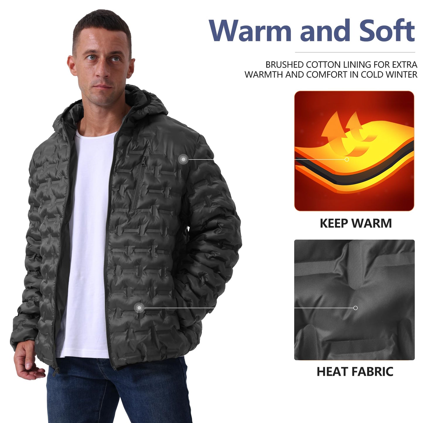 Heihuohua Men's Packable Puffer Jacket Lightweight Hooded Windproof Winter Coat for Travel Running Hiking