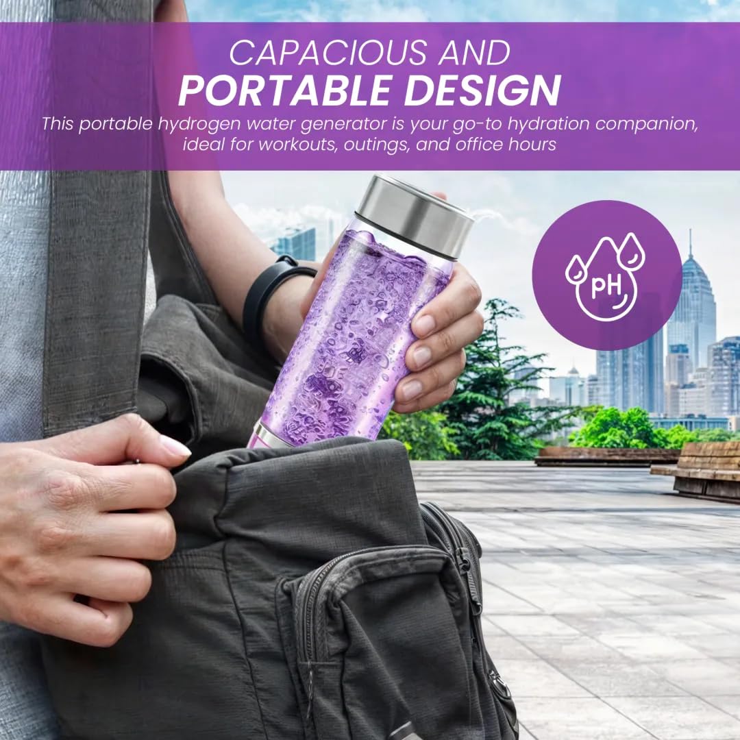 H3O Hydrogen Water Bottle - Hydrogen-Infused Water Machine with Built-in Purple Protective Light - Portable Water Ionizer for Hydration, Energy, Sleep Quality - 3000PPB Hydrogen Ions per Cycle