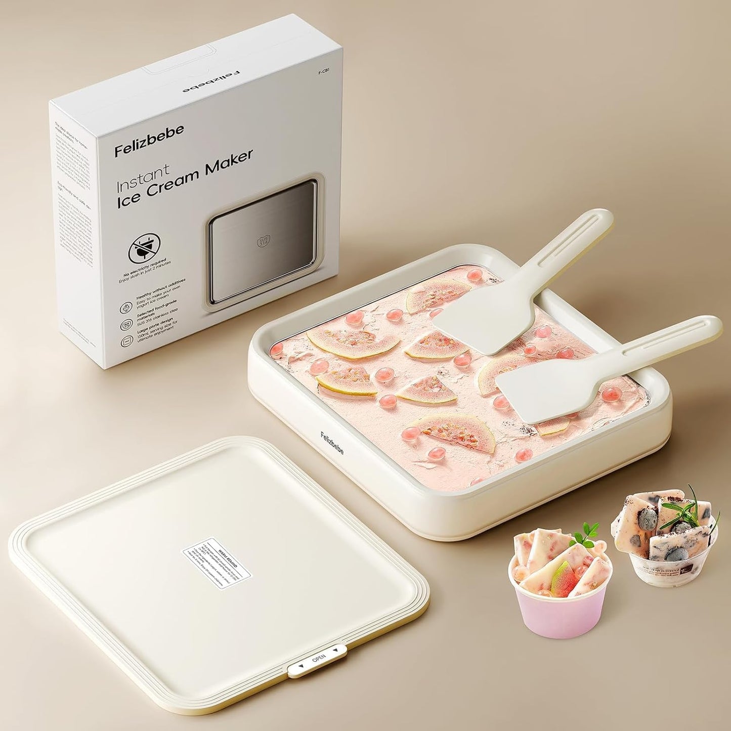Rolled Ice Cream Maker, Felizbebe Instant Ice Cream Roller Maker Tray with Lid and 2 Spatulas, Food Grade SUS316 Stainless Steel Cool Plate for Fun Family Activities, DIY Parent-Child Time