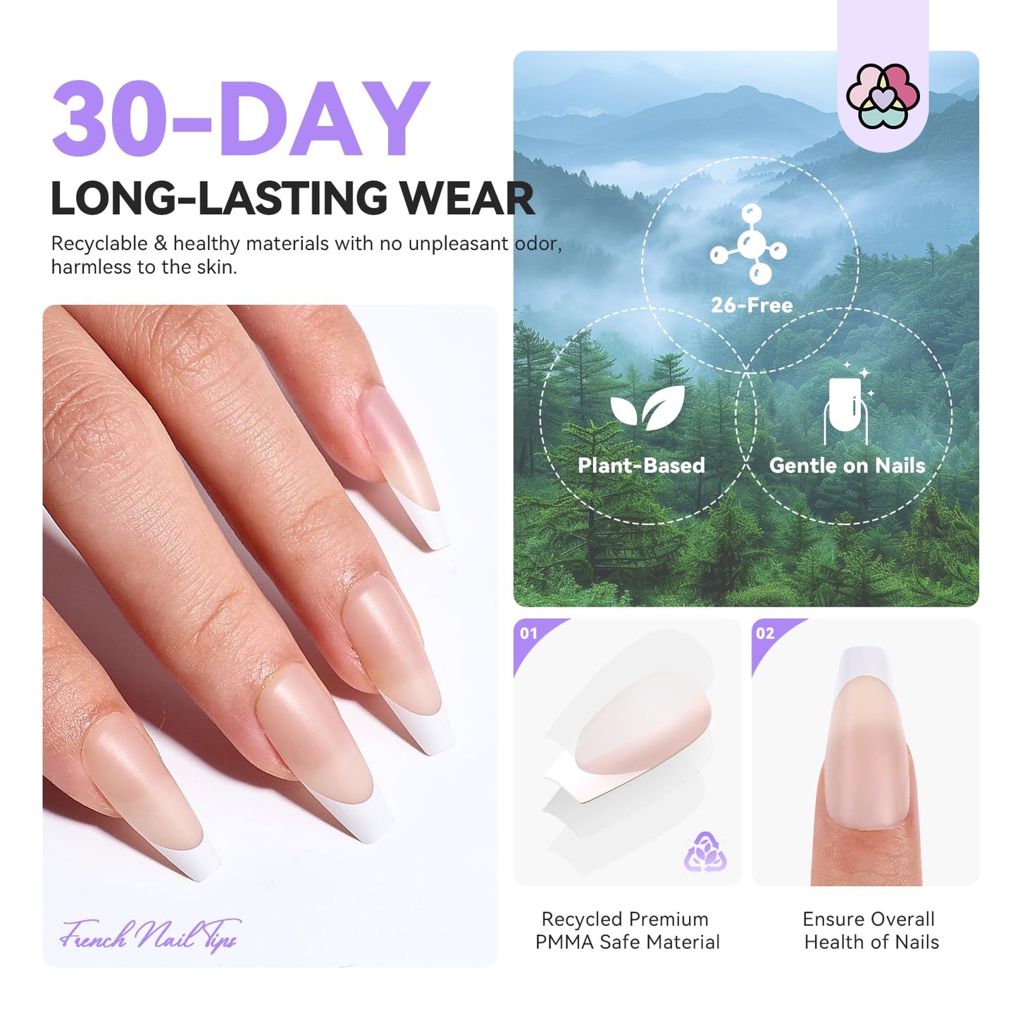 SAVILAND French Tip Press On Nails: Long Coffin Thicker & Sturdy Acrylic Press On Nails 150 PCS Long-lasting Nude French Tip Nails Natural Look Fake Nails Soft Gel Nail Tips DIY Fast Home Manicure