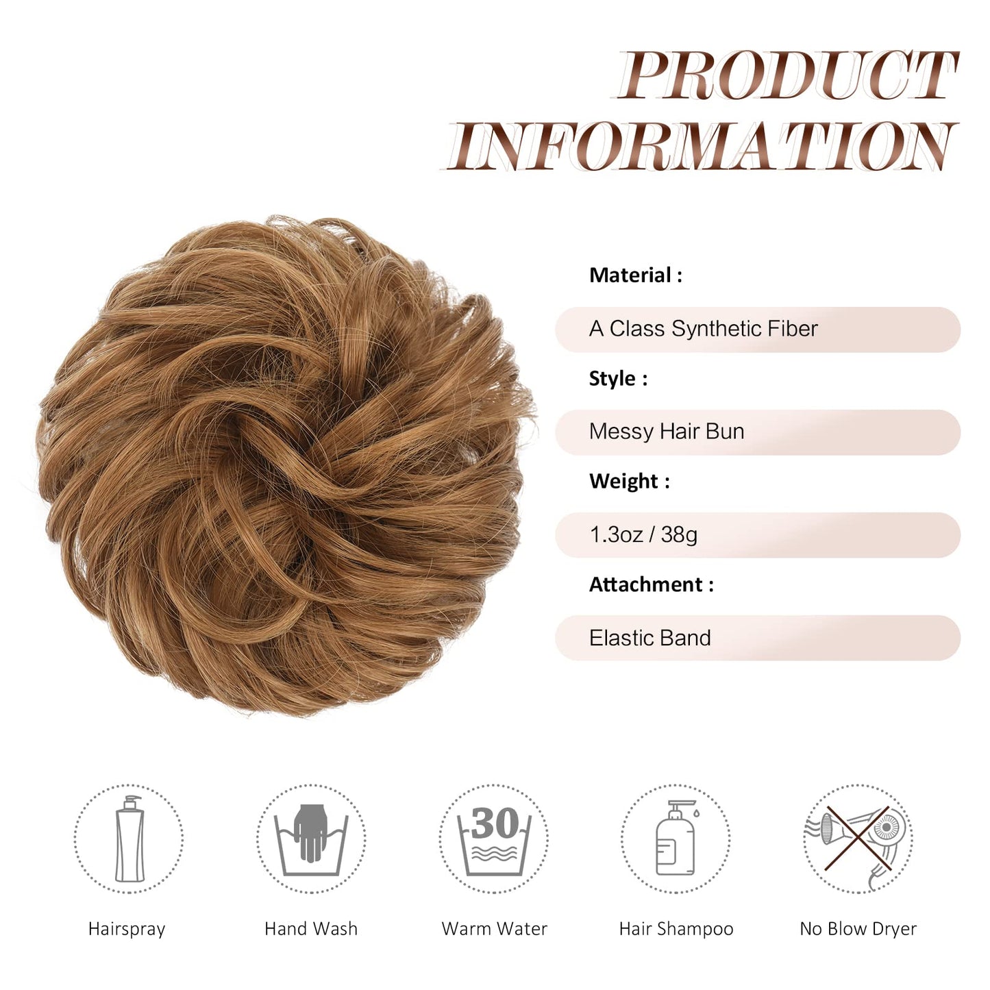 FESHFEN Messy Bun Hair Piece - Elastic Wavy Curly Hair Bun Scrunchies Extensions Synthetic Chignon Hairpieces for Women Girls, Strawberry Blonde 1 PCS