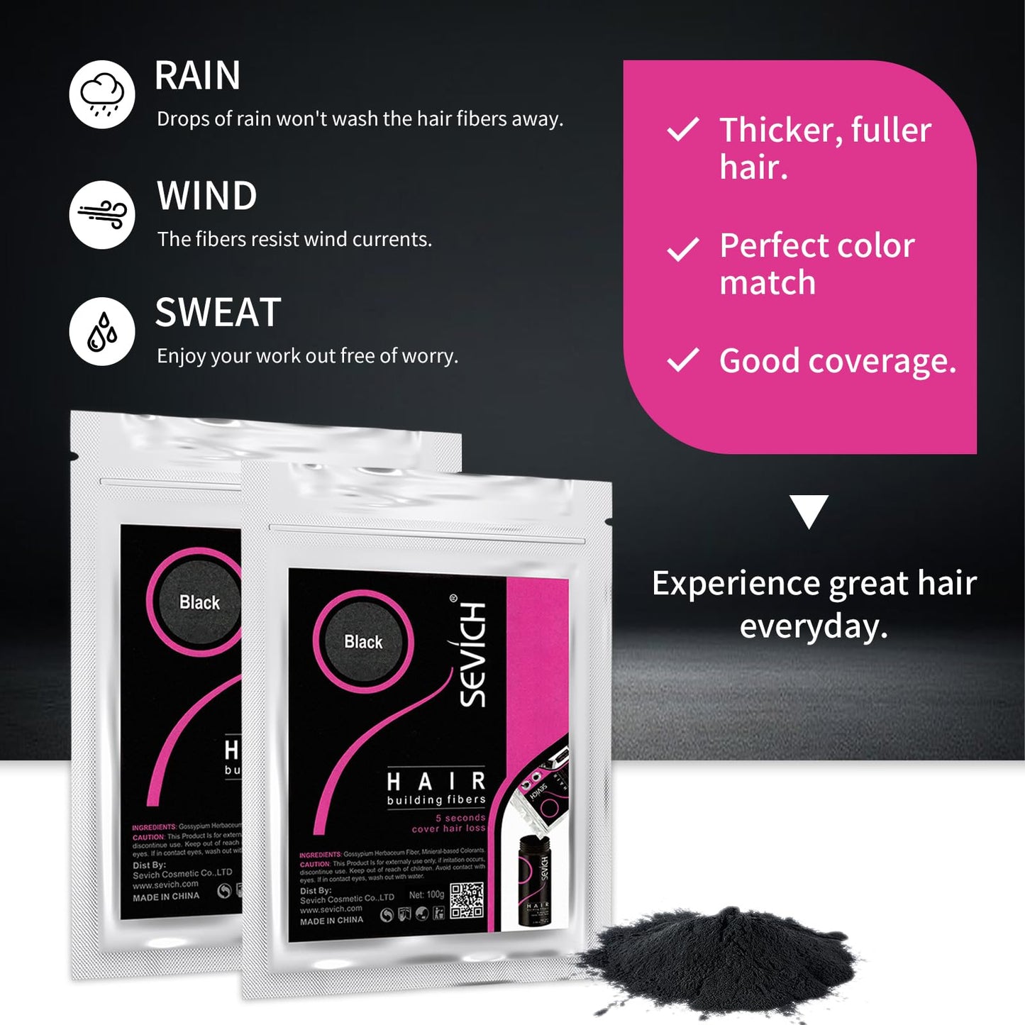 SEVICH Hair Fibers Refill 100g - Compatible with Most Brand Bottles | Hair Building Fibers for Thinning Hair | Instant Thickening Powder for Men & Women | 5-Second Natural Coverage,Dark Brown