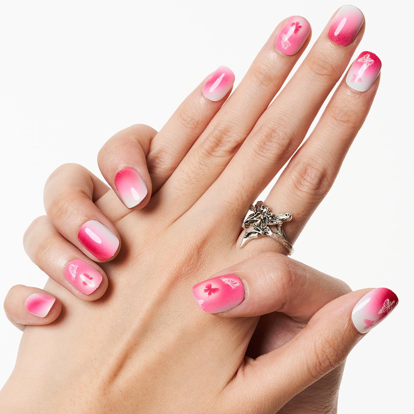 GLAMERMAID Hot Pink Ombre Extra Short Press on Nails, Y2K Butterfly Fake Nails Short Squoval, Natural Round Square Glue on Nails Glossy Gel, Acrylic False Nails Manicure Kits for Women, Reusable Nails