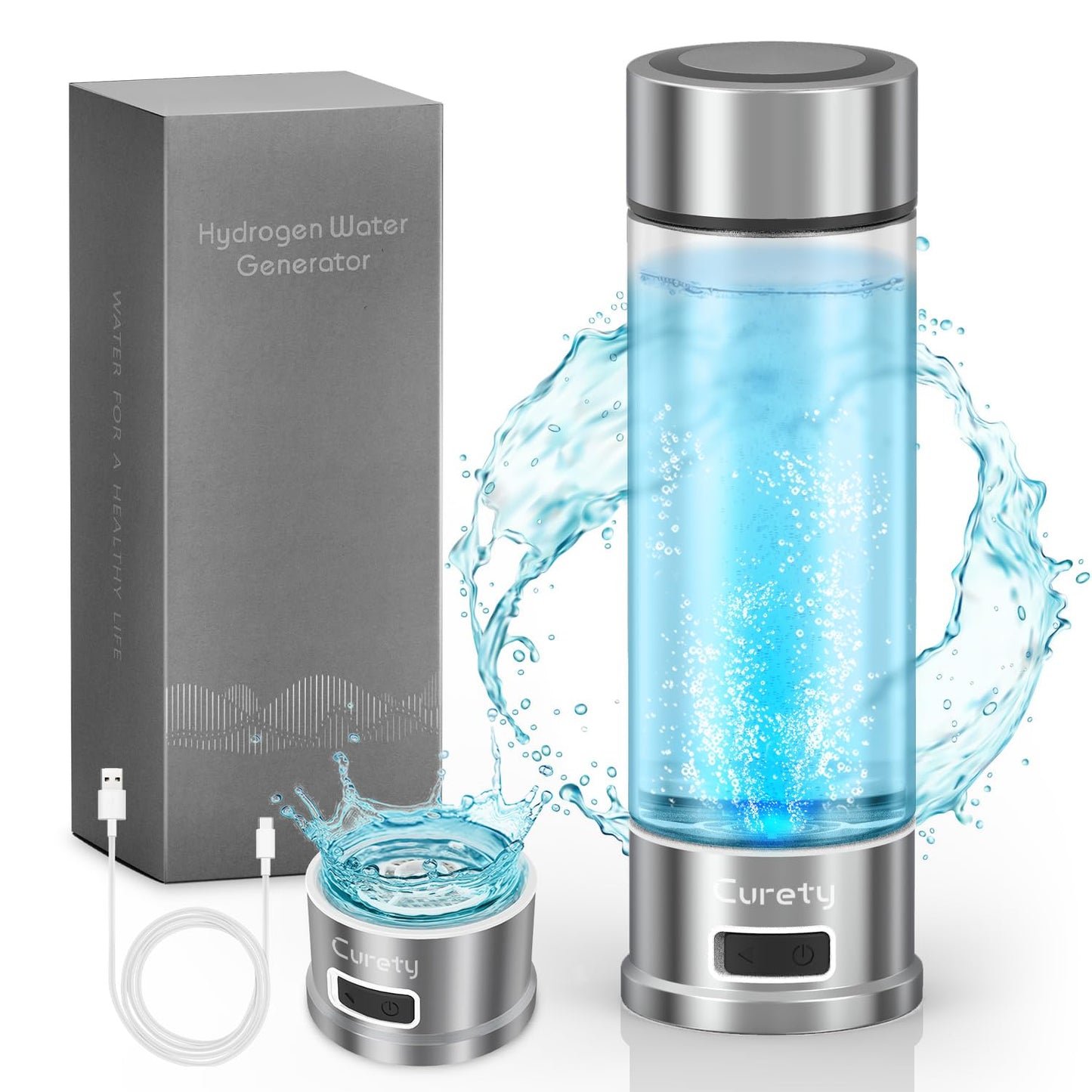 Curety Hydrogen Water Bottle Generator, Portable 1500ppb Hydrogen Water Machine with SPE/PEM Technology, Alternative for Hydrogen Water Pitcher, Water Ionizer, Hydro Water Bottle for Health