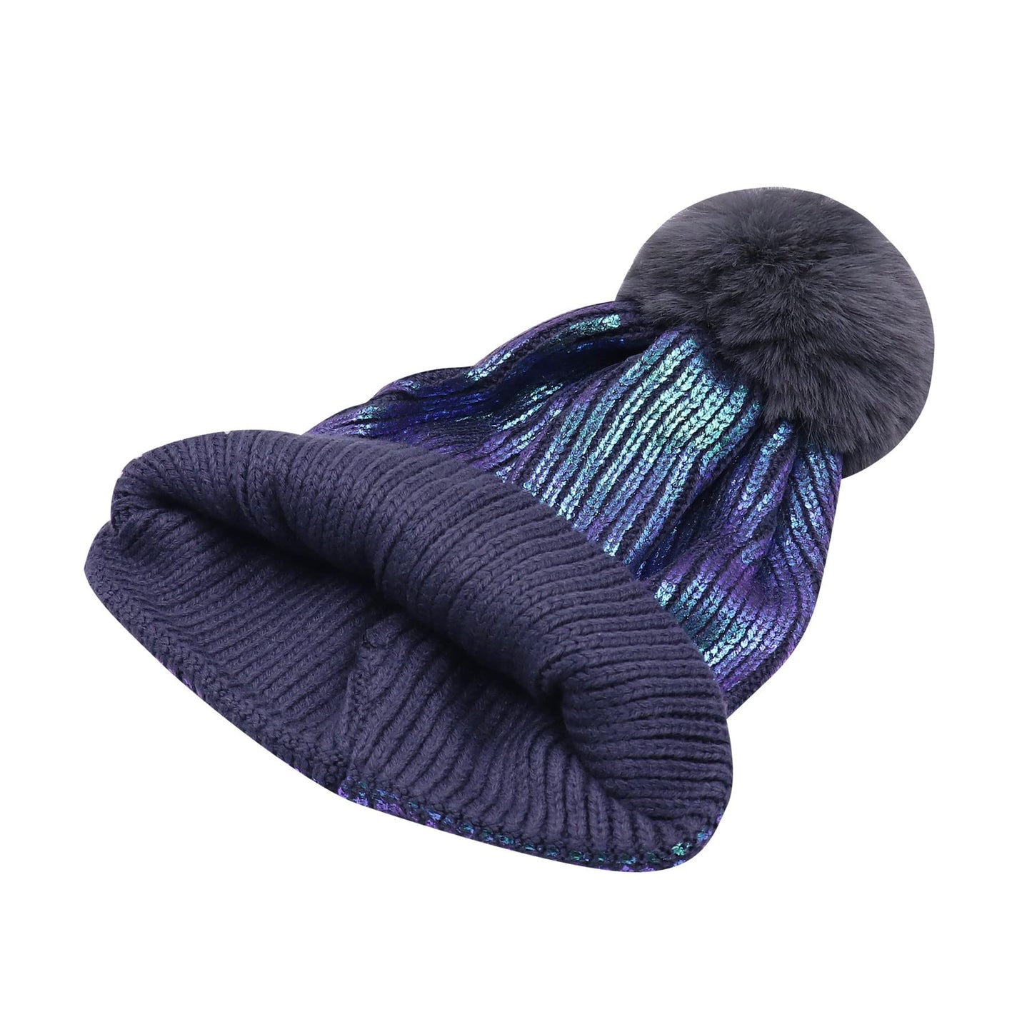 JUMIEE Women Girls Metallic Knitted Winter Beanie Hat Slouchy Faux Fur Pom Pom Skull Cap