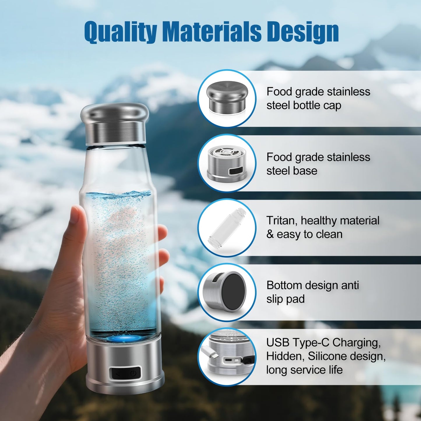 Hydrogen Water Bottle 5-Min Electrolysis 15.22OZ 1500 PPB Water Ionizer with SPE/PEM Technology, Hydrogen Water Bottle for Women/Men/Office/School