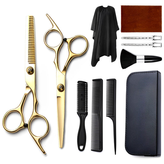 Hair Cutting Scissors Kit 11PCS, Hair Scissors Professional Haircut Scissors with Stainless Steel Hair Shears, Thinning Shears, Haircut Accessories in Leather Case for Salon/Home (Gold)