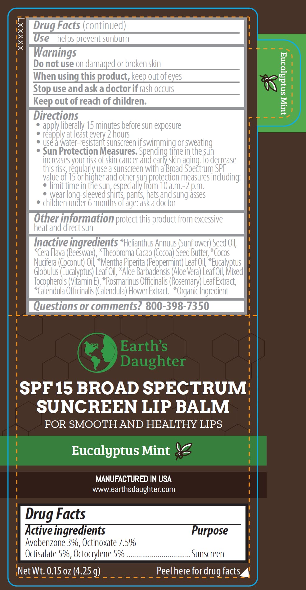 Earth's Daughter SPF Lip Balm Eucalyptus Mint 4-Pack - Lip Sunscreen, SPF 15, Organic Ingredients, Beeswax, Coconut Oil, Vitamin E - Hypoallergenic, Gluten Free