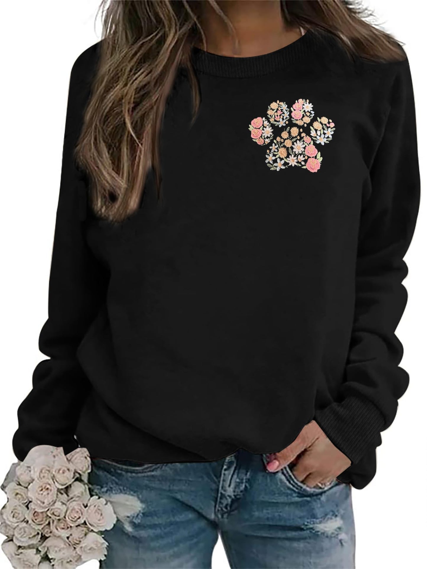 HQP Dog Mom Sweatshirts for Women Floral Paw Print Embroidered Sweatshirt Gift for Dog Mom Pullover Tops Black