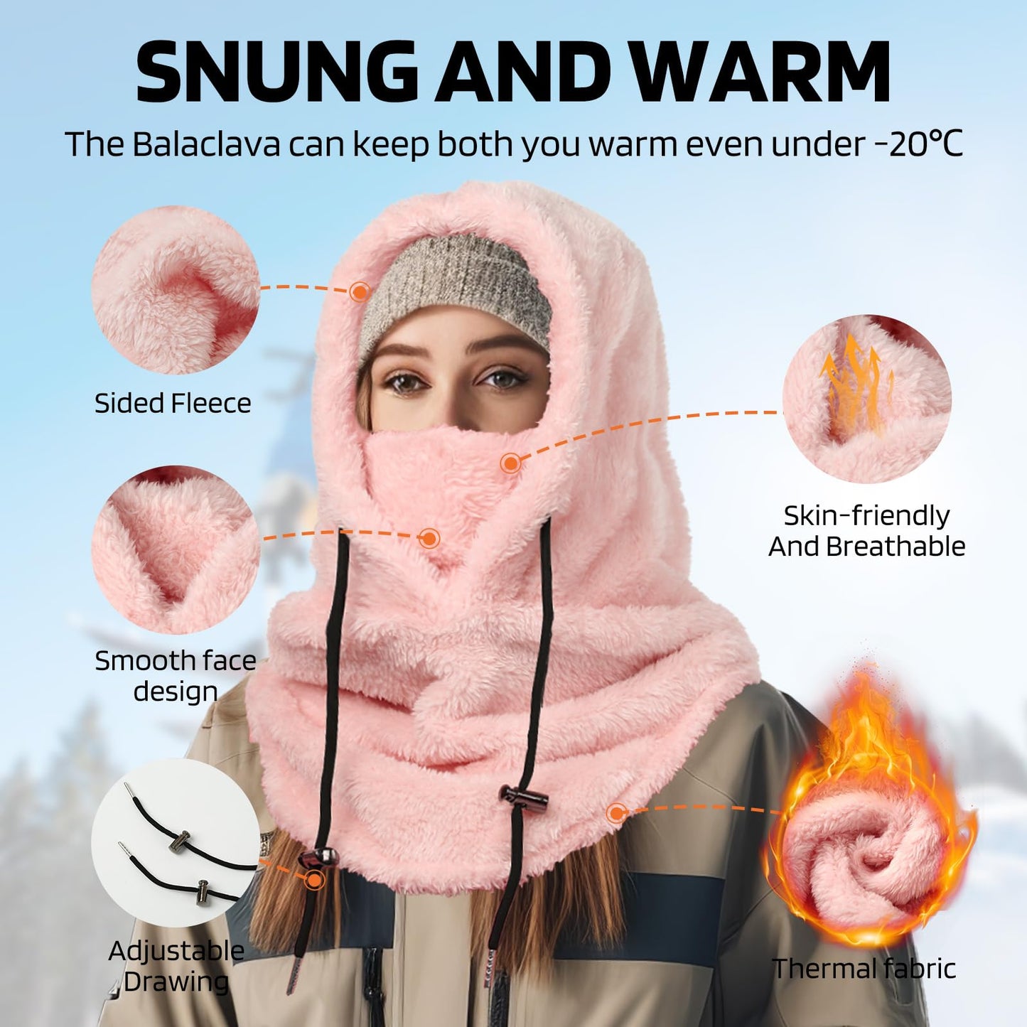 Balaclava Face Mask for Men Women Winter Hat Neck Windproof Fleece Ski Mask Warm Face Cover Scarf (US, Alpha, One Size, Pink a)