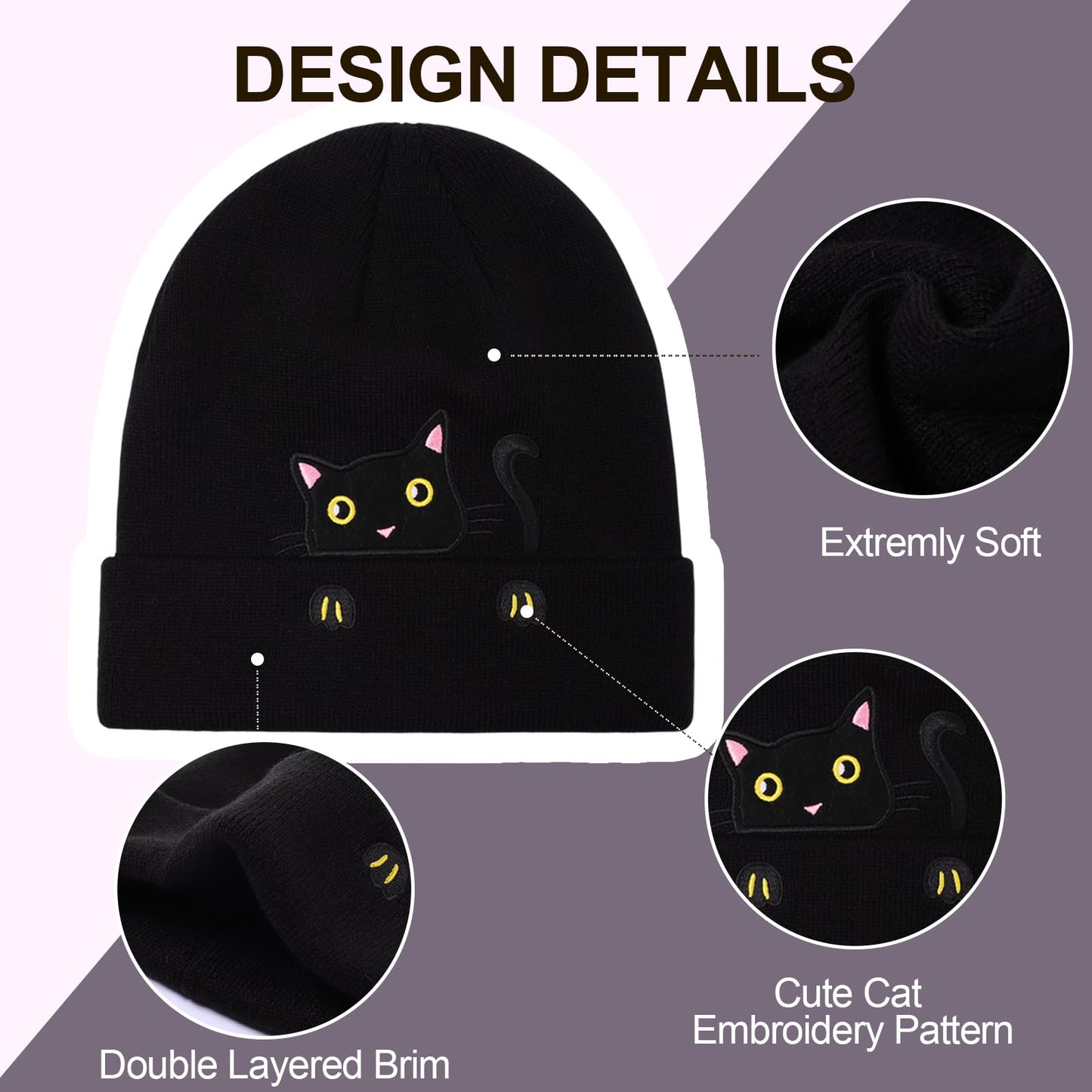 Women's Cat Beanie Hats and Funny Socks Set Cute Cat Lover Gifts Kitty Knitted Hat Winter Skiing Slouchy Warm Cap for Girls Black