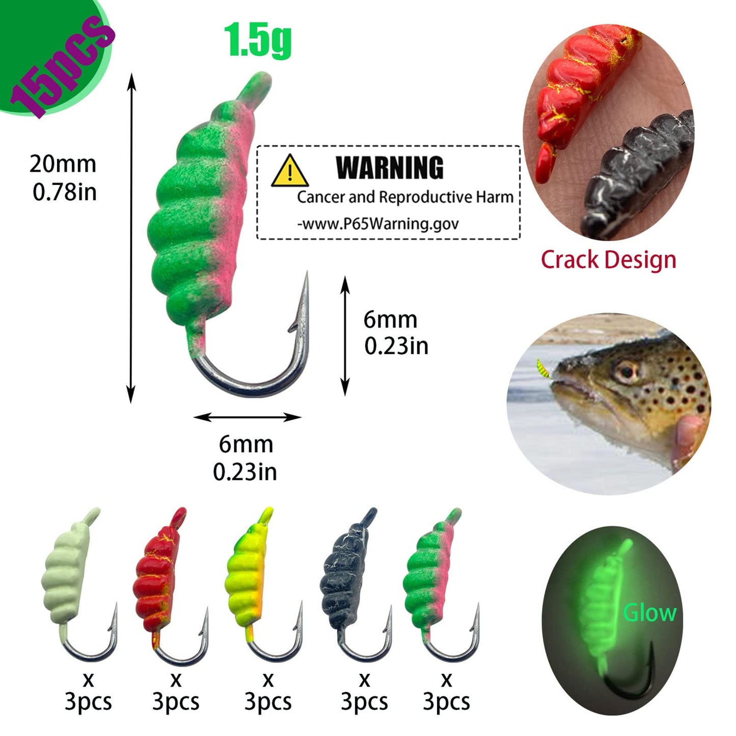 15 Pcs Ice Fishing Jigs for Panfish Walleye Sunfish Winter Ice Jigging Tackle Accessories Box Colorful Lead Jig Heads Glow Jigs for Ice Fishing (E:15PCS Ice Fishing Jigs)