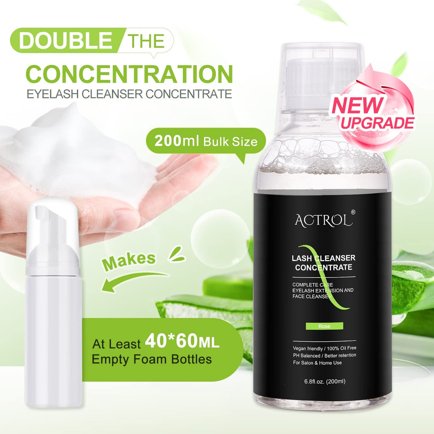 ACTROL Eyelash Cleanser Concentrate 200ml Aloe Professional Lash Shampoo Foaming Cleanser Lash Wash Concentrate for Extensions Lashes with Salon Home Care-Makes 40 Bottles