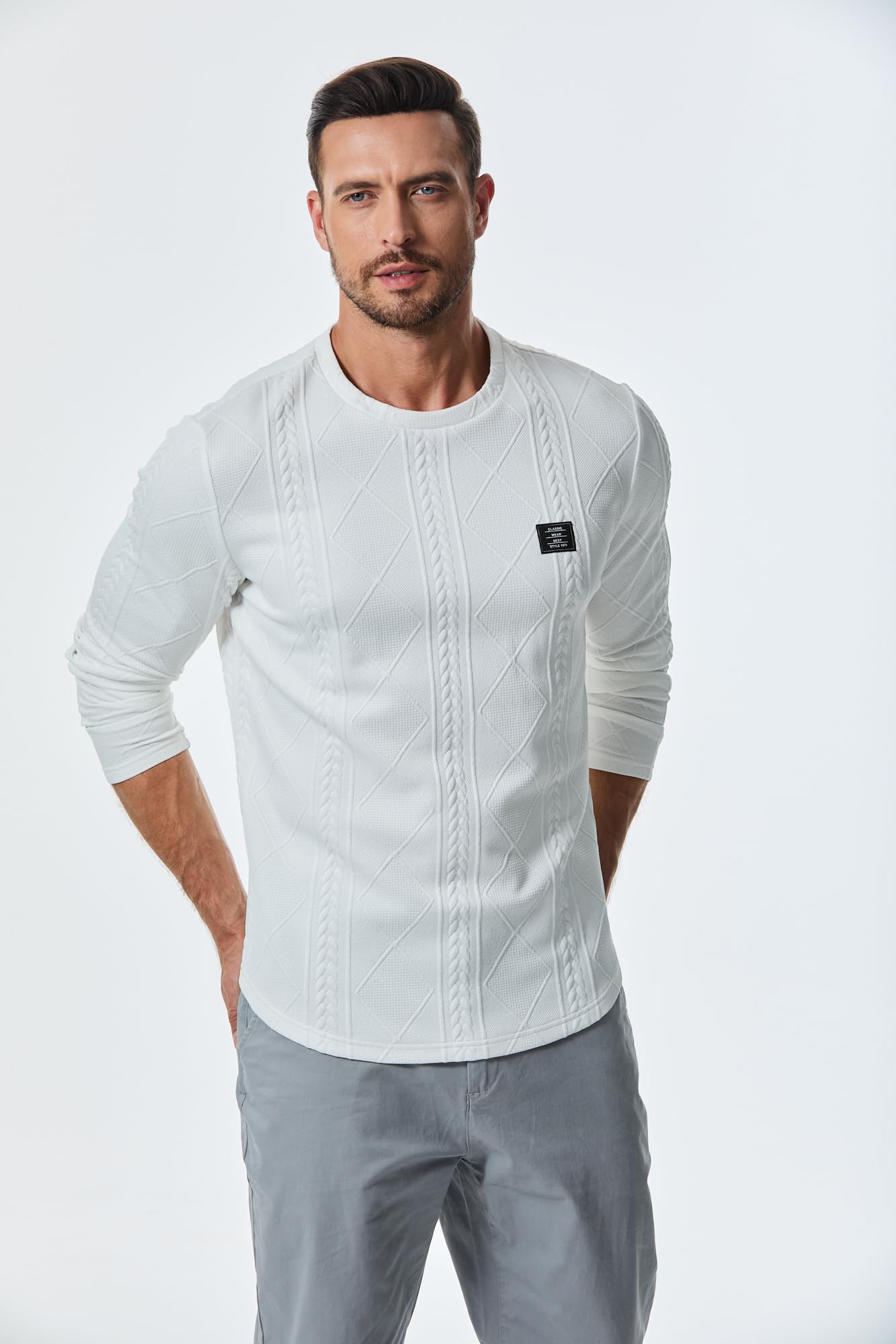 JMIERR Mens Crewneck Sweater Casual Cable Knit Pullover Sweatshirts Solid Winter Knitted Tee for Men, US43(L), White