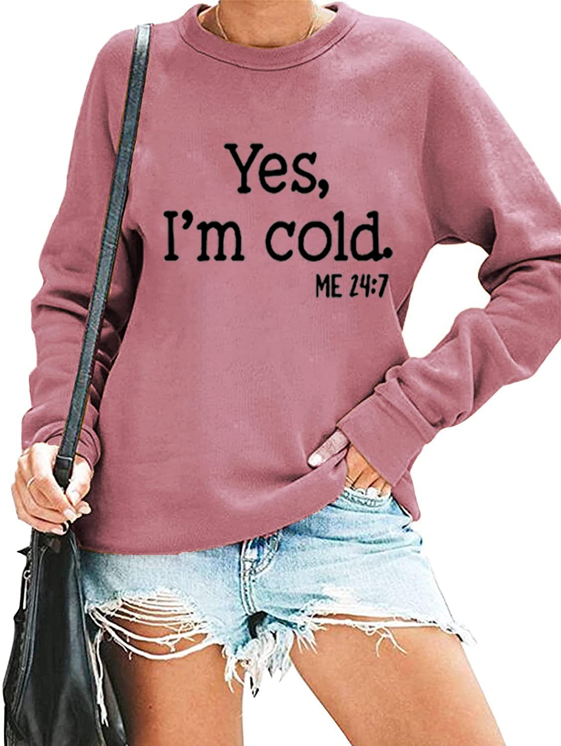 QIANRUO Yes I'm Cold Me 24:7 Sweatshirt for Women Funny Letter Print Fall Winter Sweatshirt Long Sleeve Crewneck Pullover Tops (XXL, Pink)