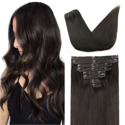 Pobokix Straight Clip In Hair Extensions Real Human Hair 8Pcs Clip In Dark Brown Human Hair Extensions with 18Clips Lace Weft 120g 14inch