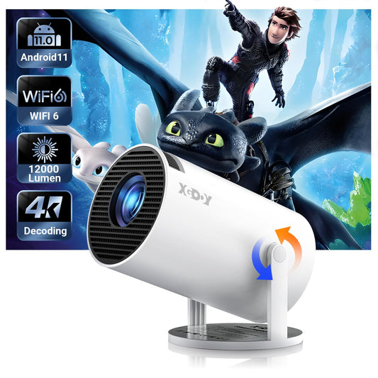 Smart Mini Projector WiFi6 Bluetooth 5.0 XGODY Gimbal 3 Protable Projector 12000L Support 4K with Android TV 11.0, Auto Keystone Correction Video Projector, 180°Rotatable Stand for Home Movie(White)
