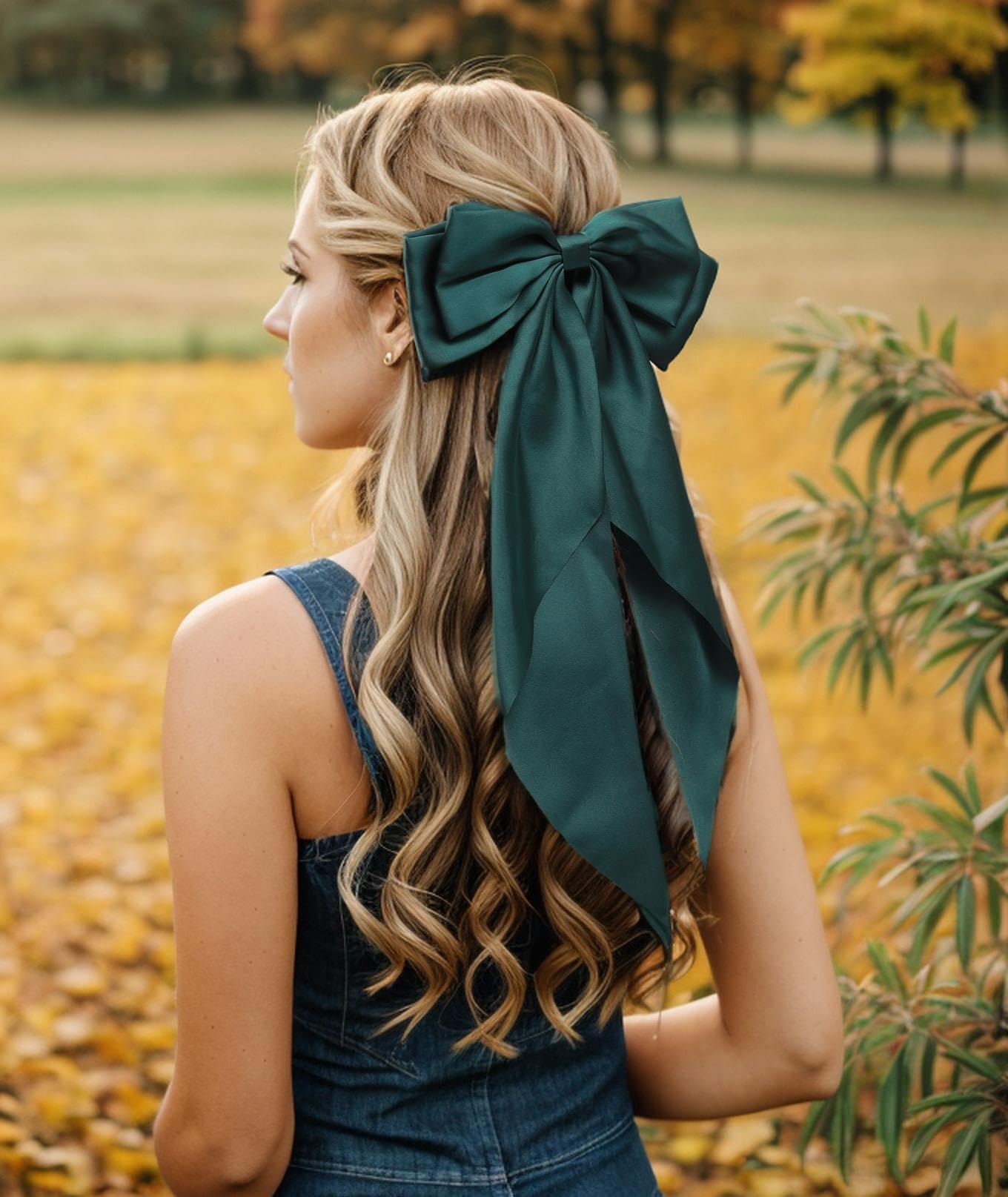 SUSULU Satin Bow Hair Clips for Women,Big Green Hair Bows Hair Slides Metal Clips Long Ribbon Hairpin Girls Barrettes Party Half-Updo Ponytail Accessories 2pcs