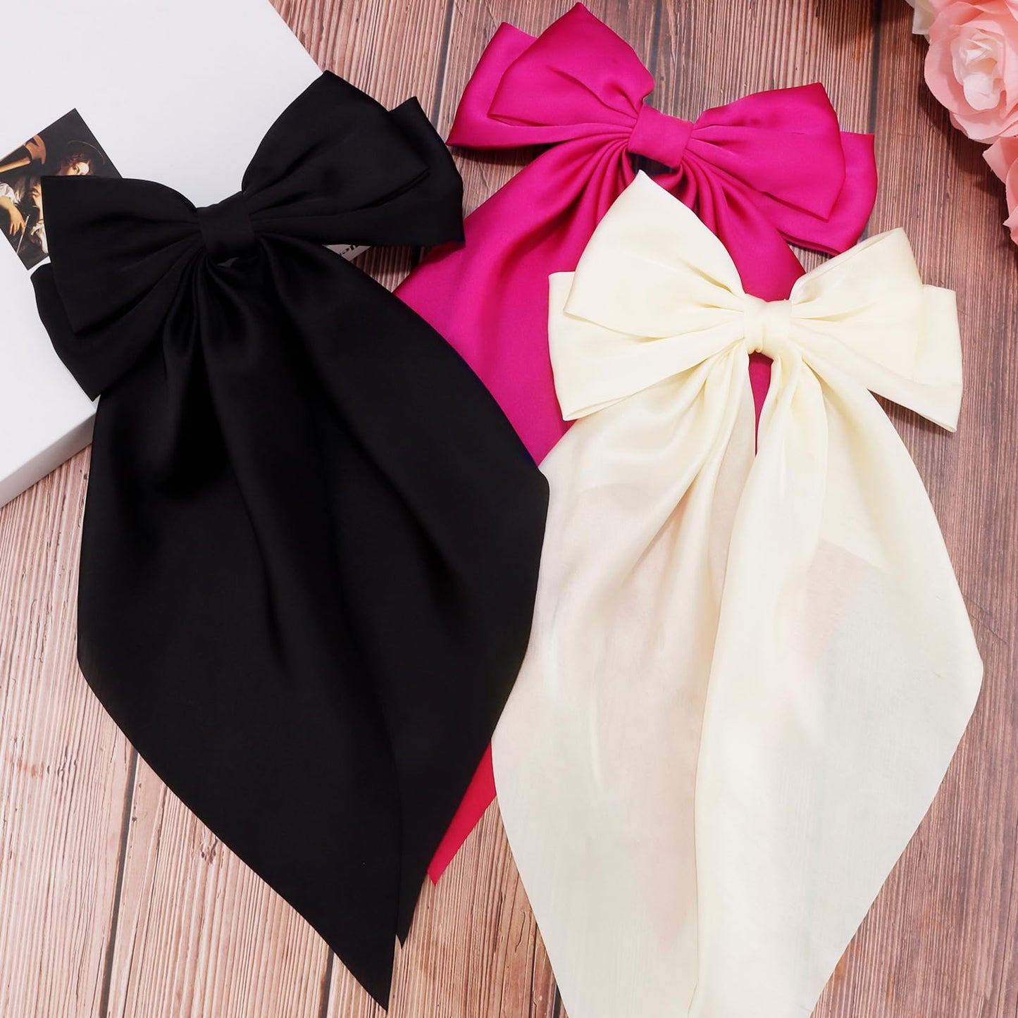 Velscrun Hair Bows for Women and Girls - 3Pcs Oversized Satin Bows in White, Black, and Rose Pink - Large Hair Clips with Long Ribbons, Barrettes, Hair Accessories Gift Set
