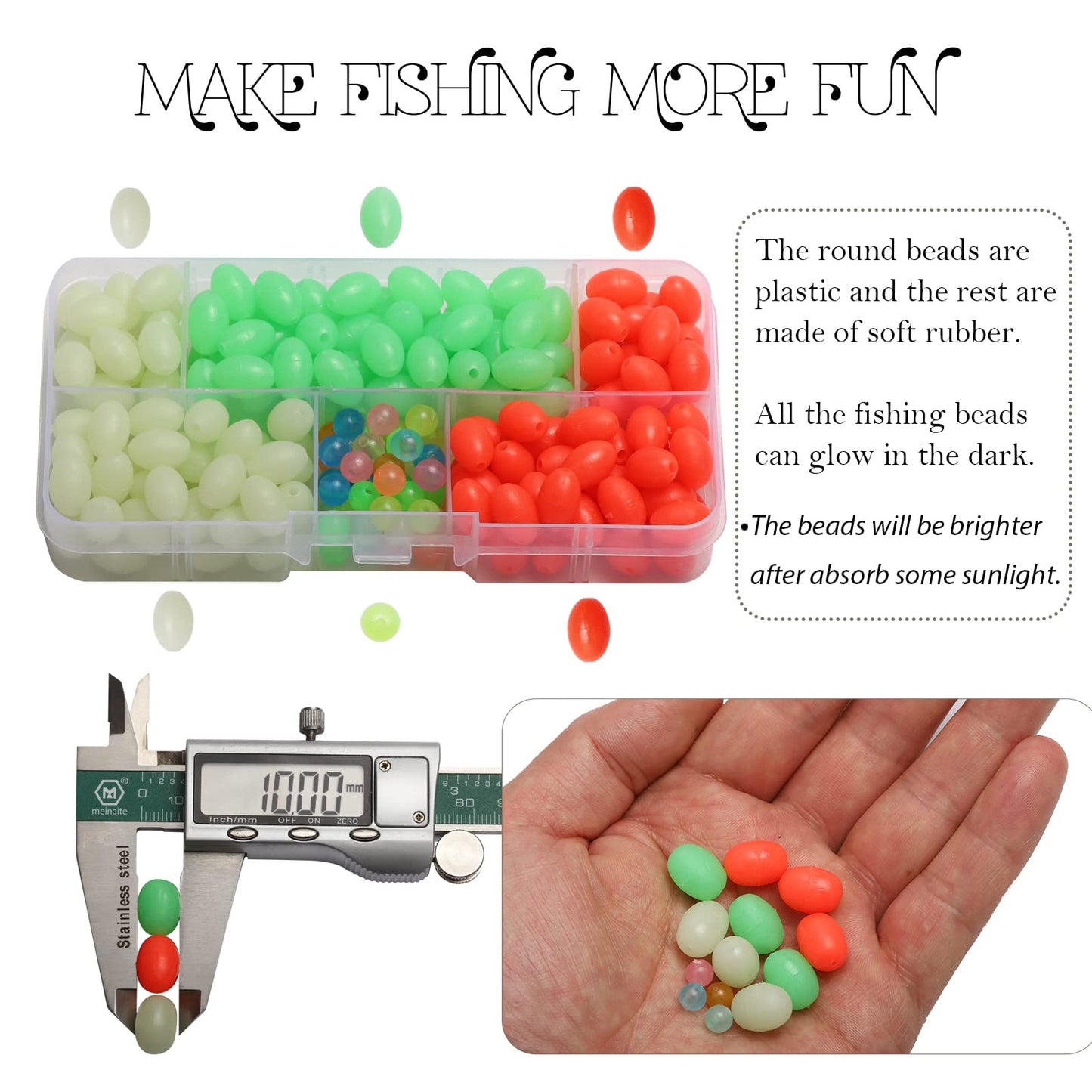 Dovesun Soft Rubber Fishing Beads Fishing Accessories Fishing Bait Eggs Oval Luminous Fishing Beads with Fishing Tackle-Box 0.39 * 0.59in(131pcs)