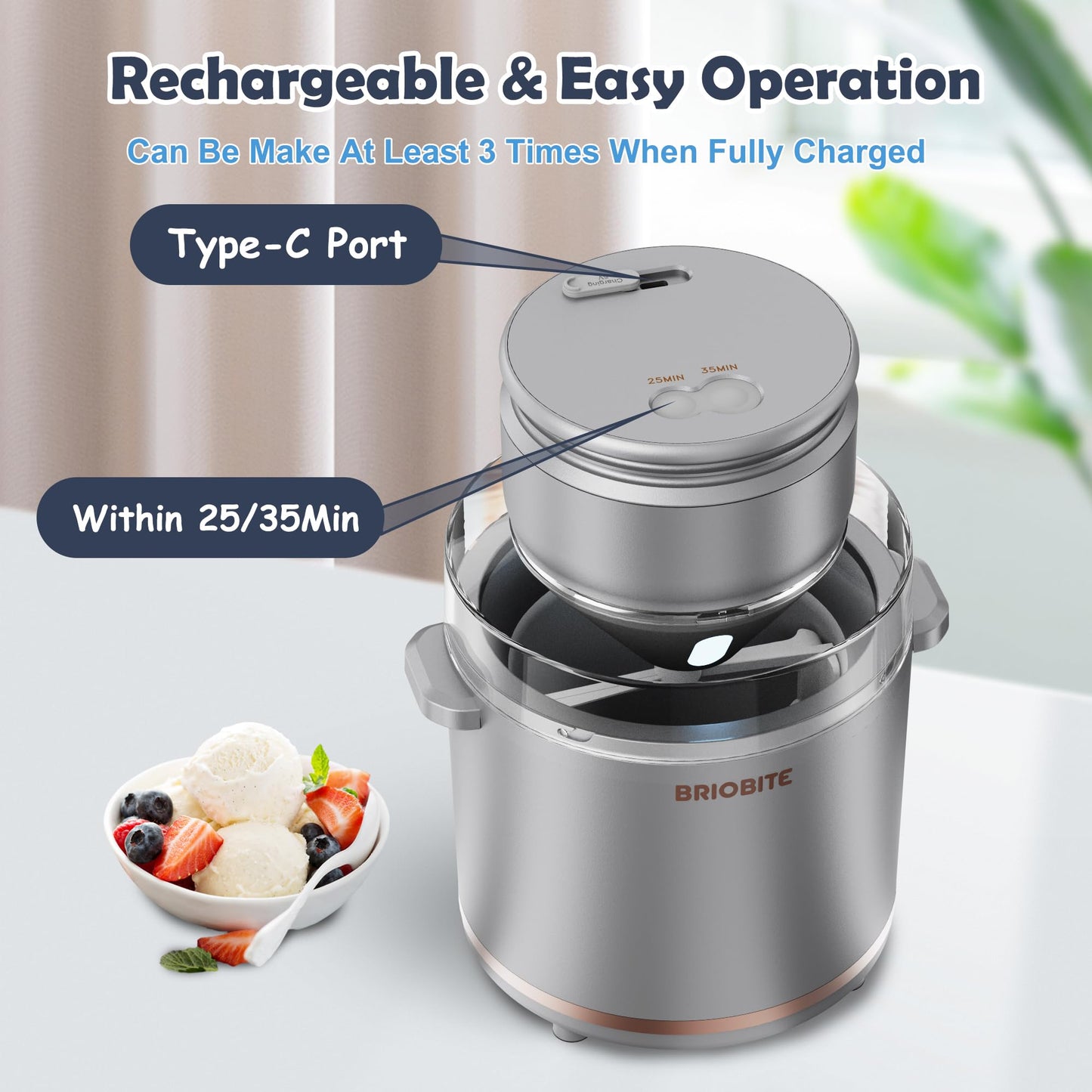 BRIOBITE 1.1 Quart Ice Cream Maker – Electric Ice Cream Machine for Gelato, Milkshakes & Sorbet, Perfect for Family, Easy to Use & Clean,Silver