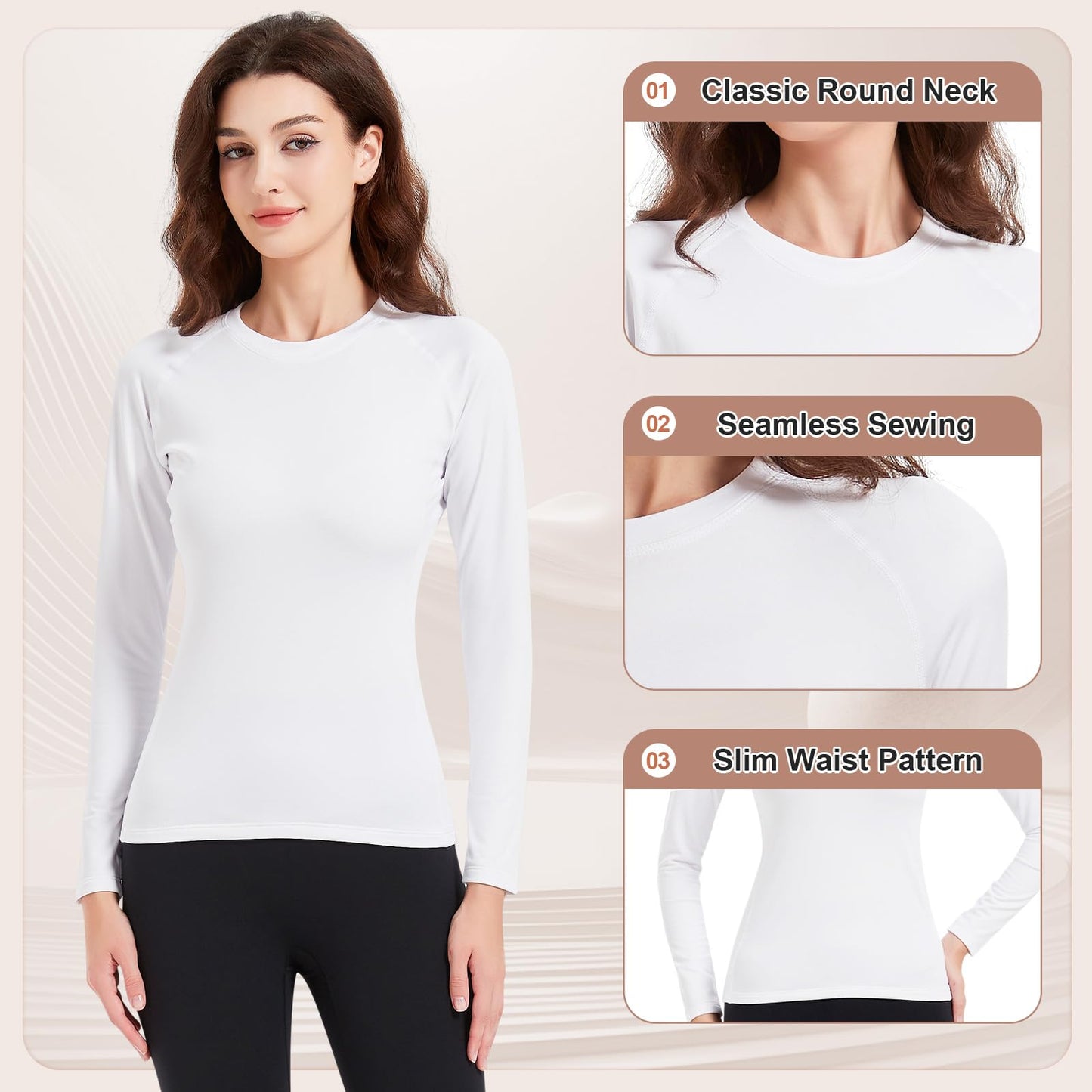 Witkey Thermals for Women Long Sleeve Shirts Cold Weather Crew Neck Fitted Fleece Lined Baselayer Tops Lightweight Winter Clothing Workout Running Hiking Quick Dry White
