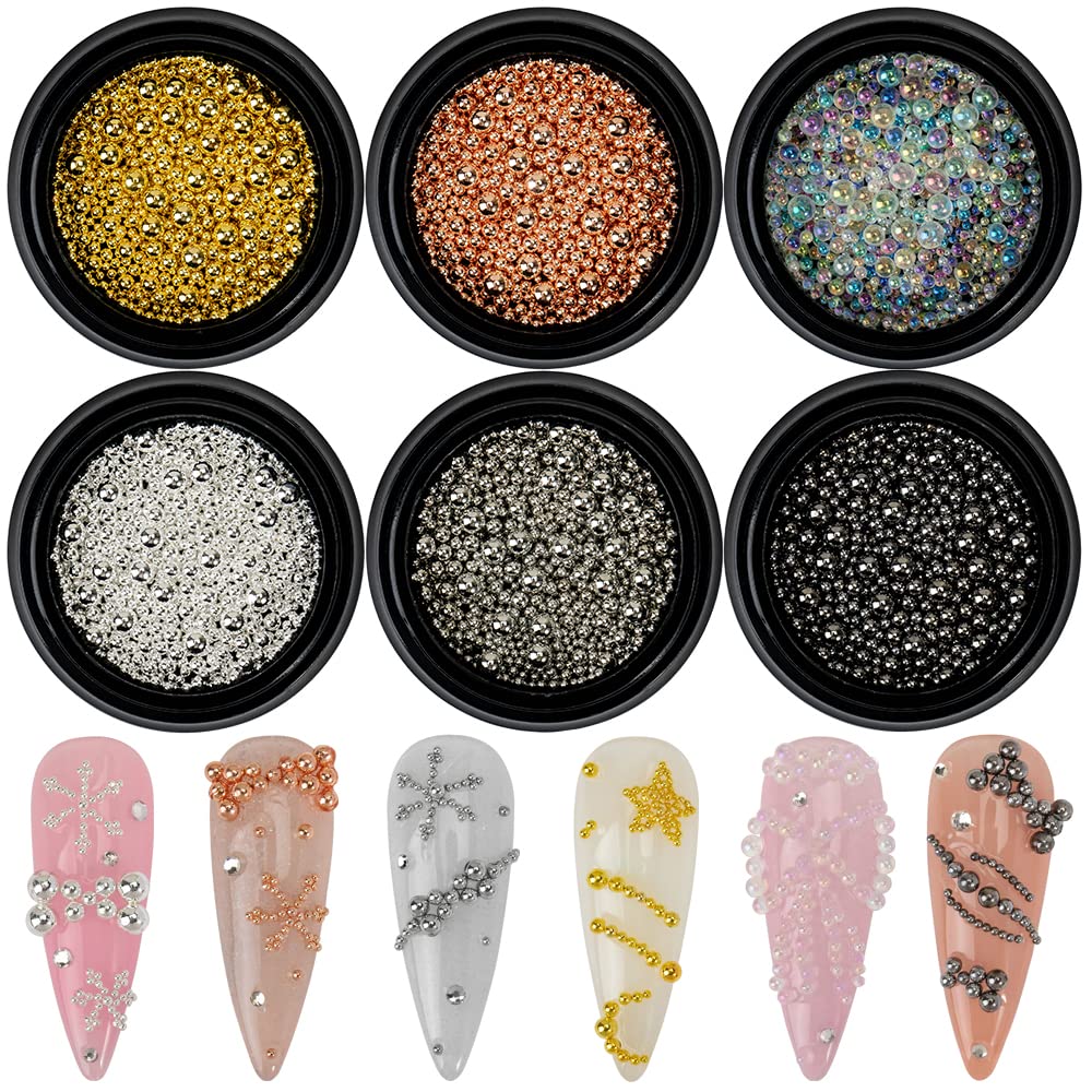 6 Boxes Nail Art Beads Nail Art Metal Balls Nail Beads For Nail Art Gold Silver Rose Gold Nail Art Steel Beads Nail Caviar Beads For Nail Art Nail Bubble Beads For DIY Crafts Decoration
