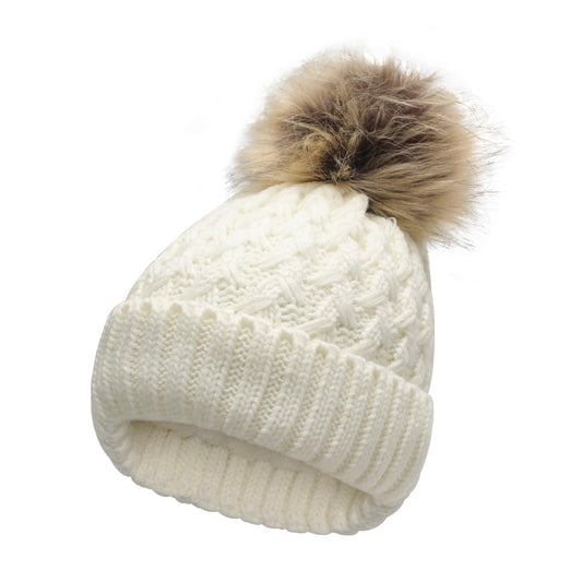 ZLYC Womens Knitted Beanie with Faux Fur Pom Pom Thick Fleece Lined Warm Winter Hat Snow Cap, Solid White