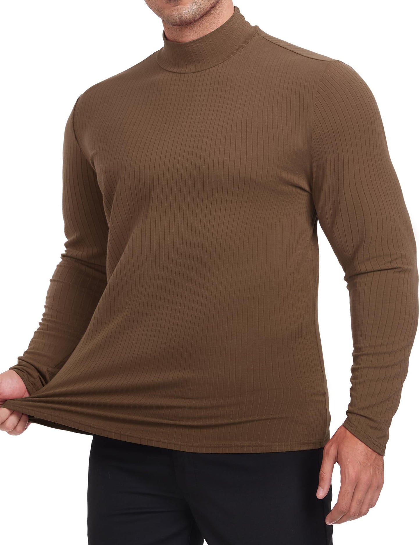 ZAFUL Mens Long Sleeve Turtleneck Undershirt Casual Knit Pullover Thermal Sweater Shirts Ribbed Tee for Fall Winter Brown L