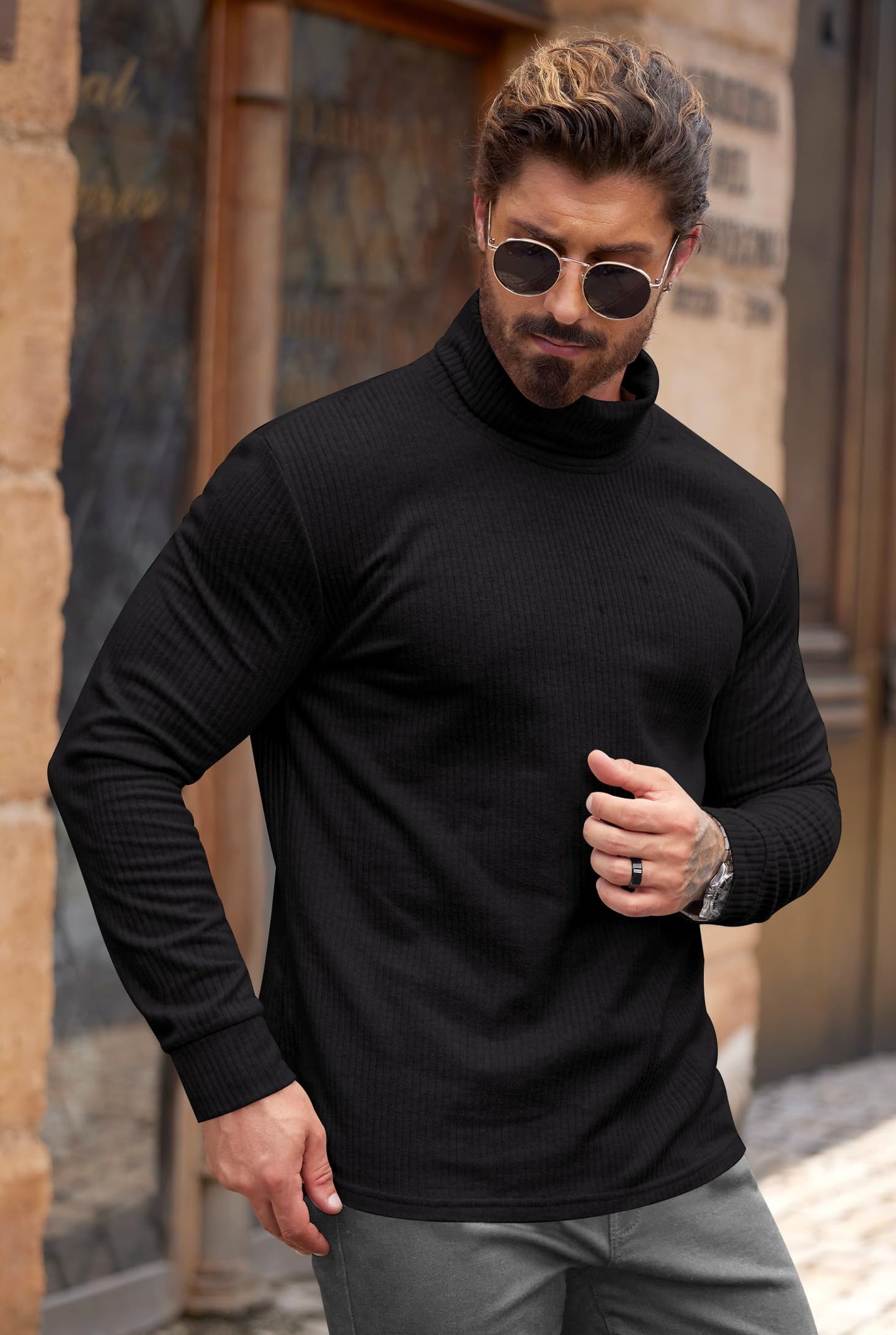VOGSTART Men's Casual Shirts Knit Pullover 2024 Winter Long Sleeve Slim Fit Ribbed Sweater Black L