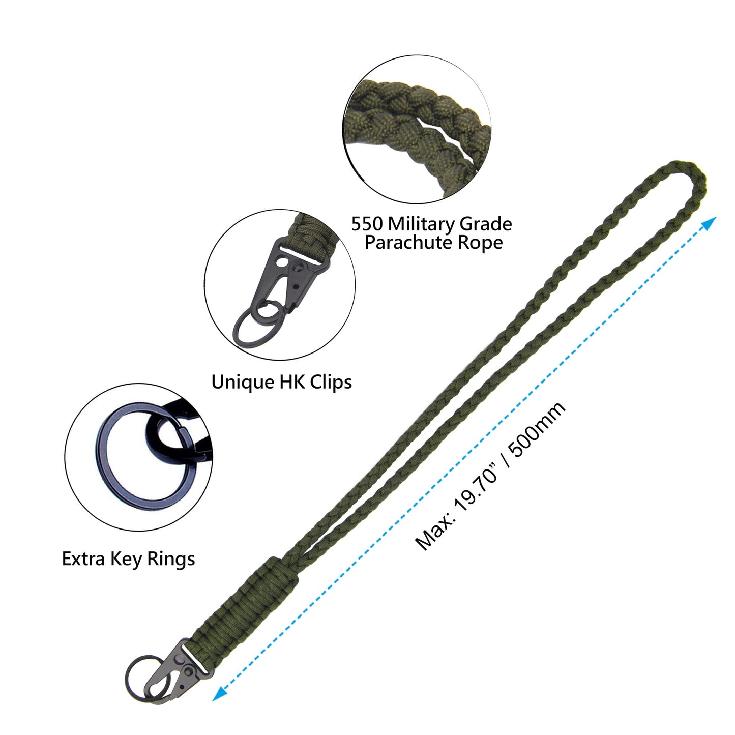 LAREDTREE Heavy Duty Paracord Lanyard Keychain, Paracord Necklace Cell Phone Keychain Whistles Wrist Braided Strap for Men Women Outdoor Activities, Camera, Traveling(Army Green)