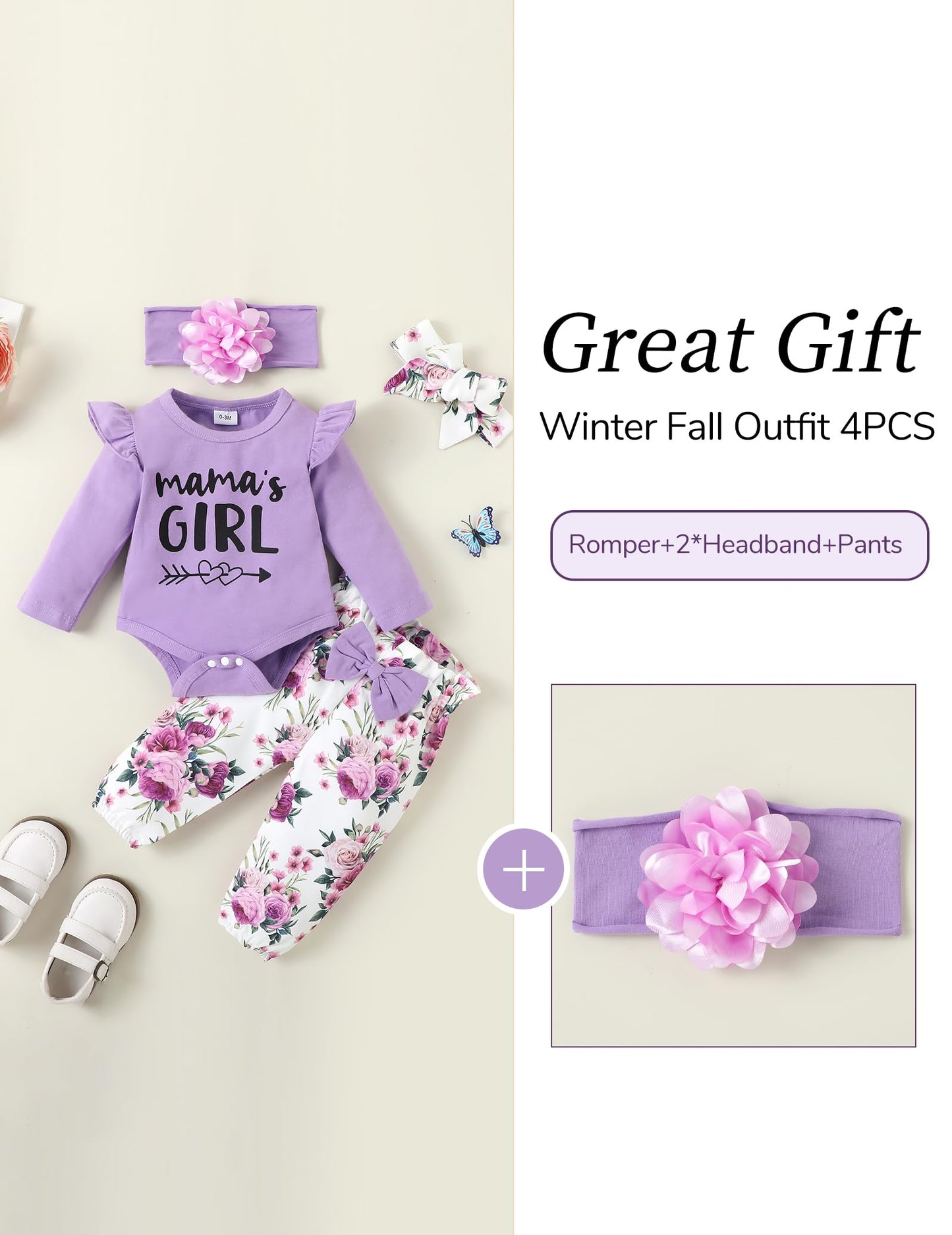 SUNNY PIGGY Baby Girl Clothes 3-6 Months Newborn Infant Outfit Ruffle Long Sleeve Romper Floral Pant Set Girl's Clothing Soft Fall Winter Letter Pattern Adorable Gift 4Pcs Overall